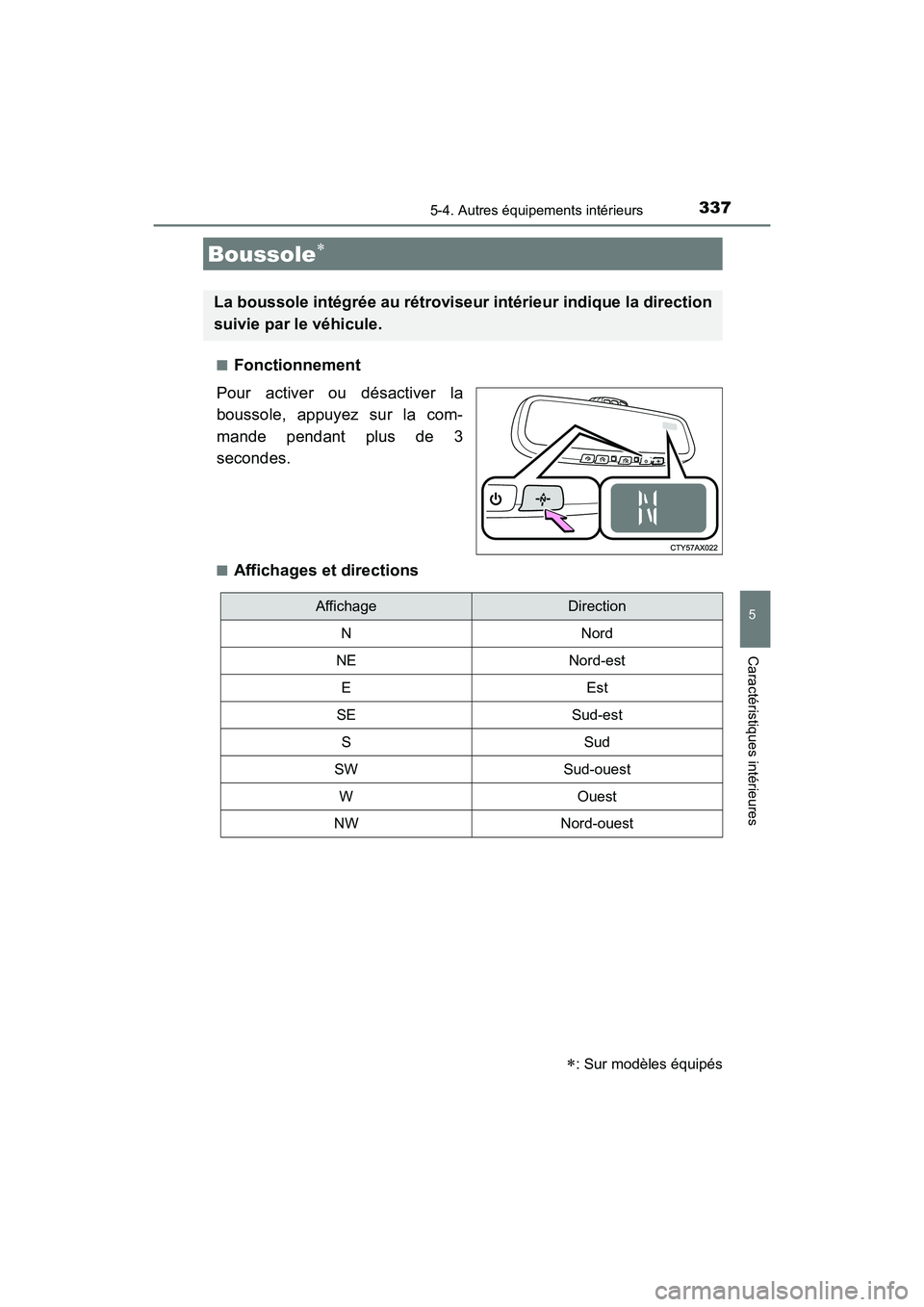 TOYOTA AVALON 2017 Manuel du propriétaire (in French) 3375-4. Autres équipements intérieurs
5
Caractéristiques intérieures
AVALON (D)_(OM07007D)
■Fonctionnement
Pour activer ou désactiver la
boussole, appuyez sur la com-
mande pendant plus de TOYOTA AVALON 2017 Manuel du propriétaire (in French) 3375-4. Autres équipements intérieurs
5
Caractéristiques intérieures
AVALON (D)_(OM07007D)
■Fonctionnement
Pour activer ou désactiver la
boussole, appuyez sur la com-
mande pendant plus de