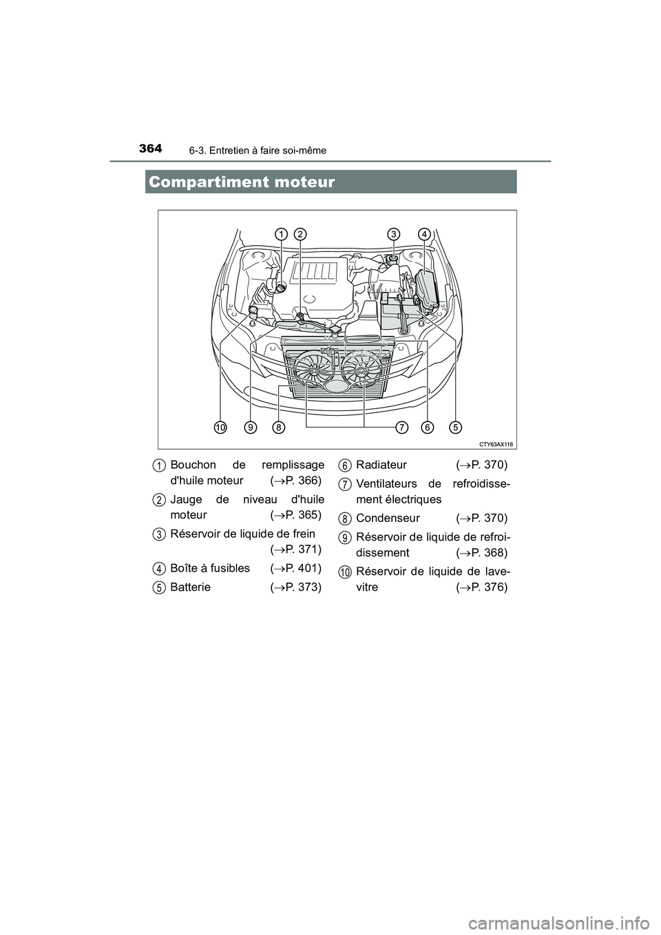 TOYOTA AVALON 2017 Manuel du propriétaire (in French) 3646-3. Entretien à faire soi-même
AVALON (D)_(OM07007D)
Compartiment moteur
Bouchon de remplissage
dhuile moteur ( P. 366)
Jauge de niveau dhuile
moteur ( P. 365)
Réservoir de liquide TOYOTA AVALON 2017 Manuel du propriétaire (in French) 3646-3. Entretien à faire soi-même
AVALON (D)_(OM07007D)
Compartiment moteur
Bouchon de remplissage
dhuile moteur ( P. 366)
Jauge de niveau dhuile
moteur ( P. 365)
Réservoir de liquide