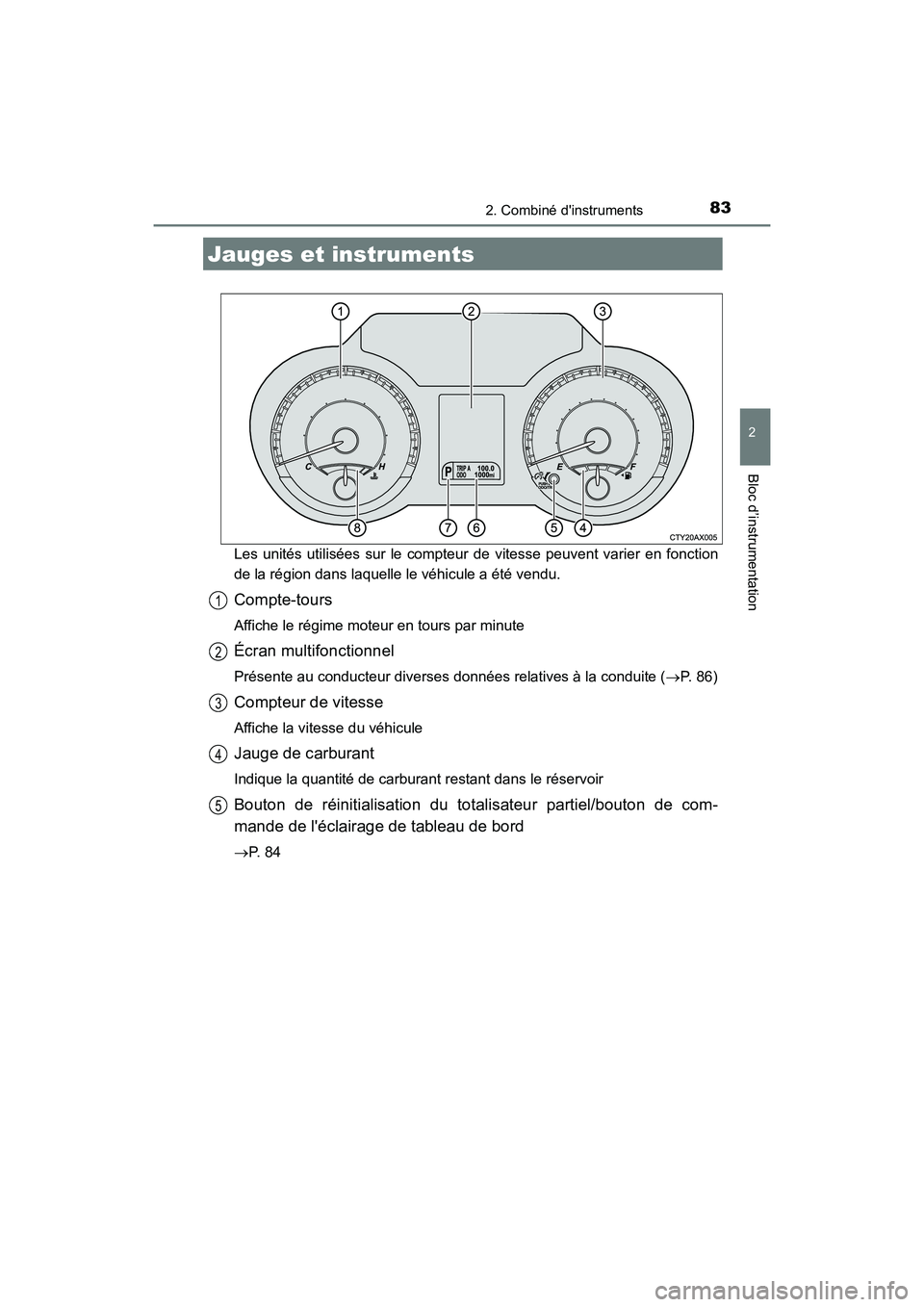 TOYOTA AVALON 2017 Manuel du propriétaire (in French) 832. Combiné dinstruments
2
Bloc d’instrumentation
AVALON (D)_(OM07007D)
Les unités utilisées sur le compteur de vitesse peuvent varier en fonction
de la région dans laquelle le véhicule a TOYOTA AVALON 2017 Manuel du propriétaire (in French) 832. Combiné dinstruments
2
Bloc d’instrumentation
AVALON (D)_(OM07007D)
Les unités utilisées sur le compteur de vitesse peuvent varier en fonction
de la région dans laquelle le véhicule a