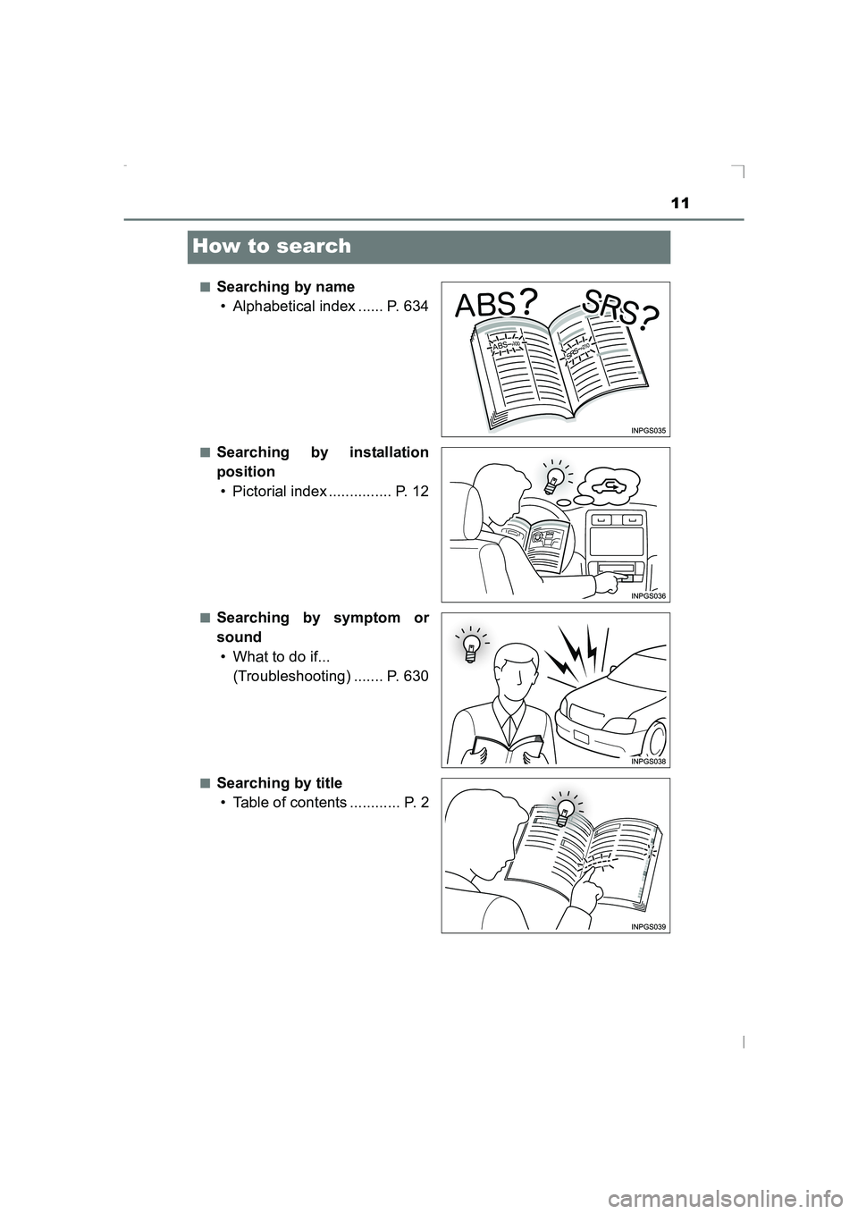 TOYOTA AVENSIS 2015 User Guide 11
AVENSIS_OM_OM20C20E_(EE)
How to search
■Searching by name• Alphabetical index ...... P. 634
■Searching by installation
position
• Pictorial index ............... P. 12
■Searching by sympt