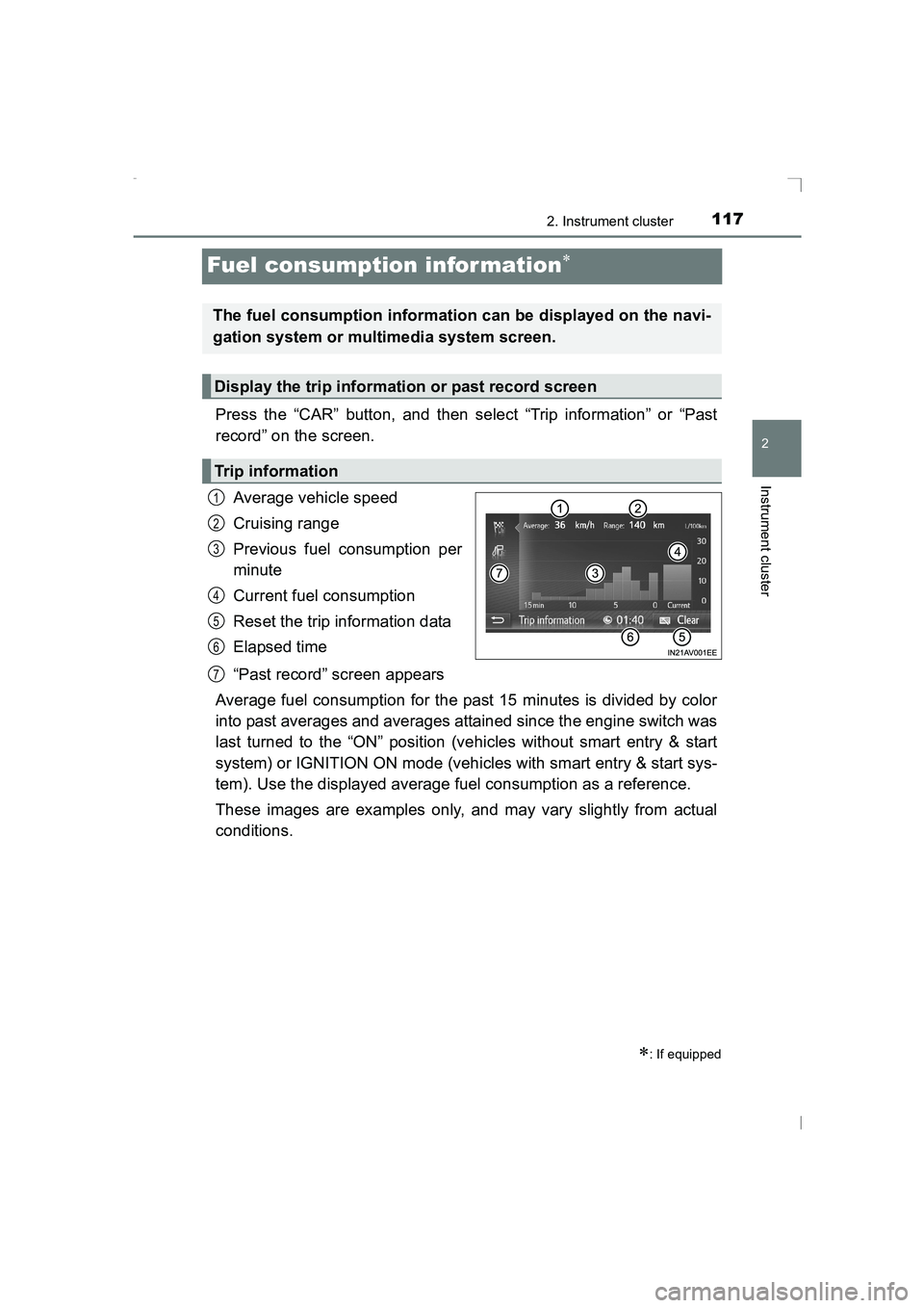 TOYOTA AVENSIS 2015 Owners Manual 117
2
2. Instrument cluster
Instrument cluster
AVENSIS_OM_OM20C20E_(EE)
Fuel consumption infor mation∗
Press the “CAR” button, and then select “Trip information” or “Past
record” on the TOYOTA AVENSIS 2015 Owners Manual 117
2
2. Instrument cluster
Instrument cluster
AVENSIS_OM_OM20C20E_(EE)
Fuel consumption infor mation∗
Press the “CAR” button, and then select “Trip information” or “Past
record” on the