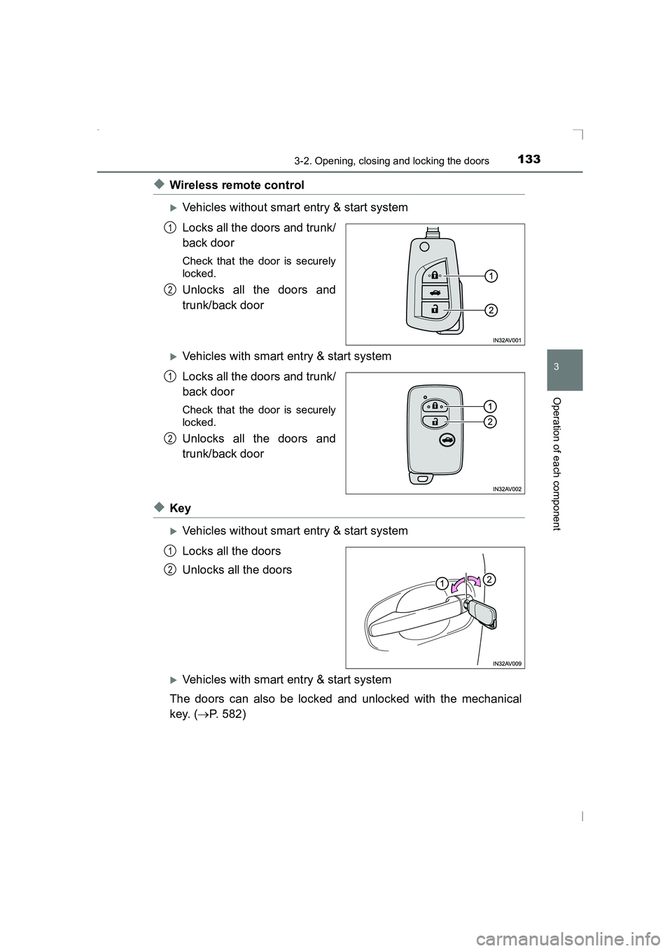 TOYOTA AVENSIS 2015  Owners Manual 1333-2. Opening, closing and locking the doors
3
Operation of each component
AVENSIS_OM_OM20C20E_(EE)
◆Wireless remote control
�XVehicles without smart entry & start system
Locks all the doors and t