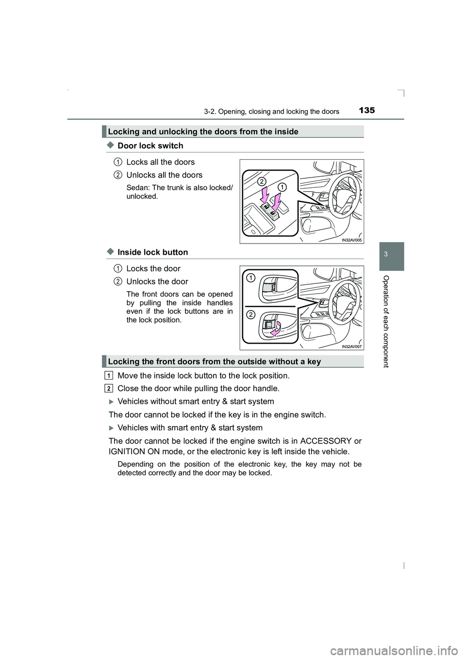 TOYOTA AVENSIS 2015  Owners Manual 1353-2. Opening, closing and locking the doors
3
Operation of each component
AVENSIS_OM_OM20C20E_(EE)
◆Door lock switchLocks all the doors
Unlocks all the doors
Sedan: The trunk is also locked/
unlo