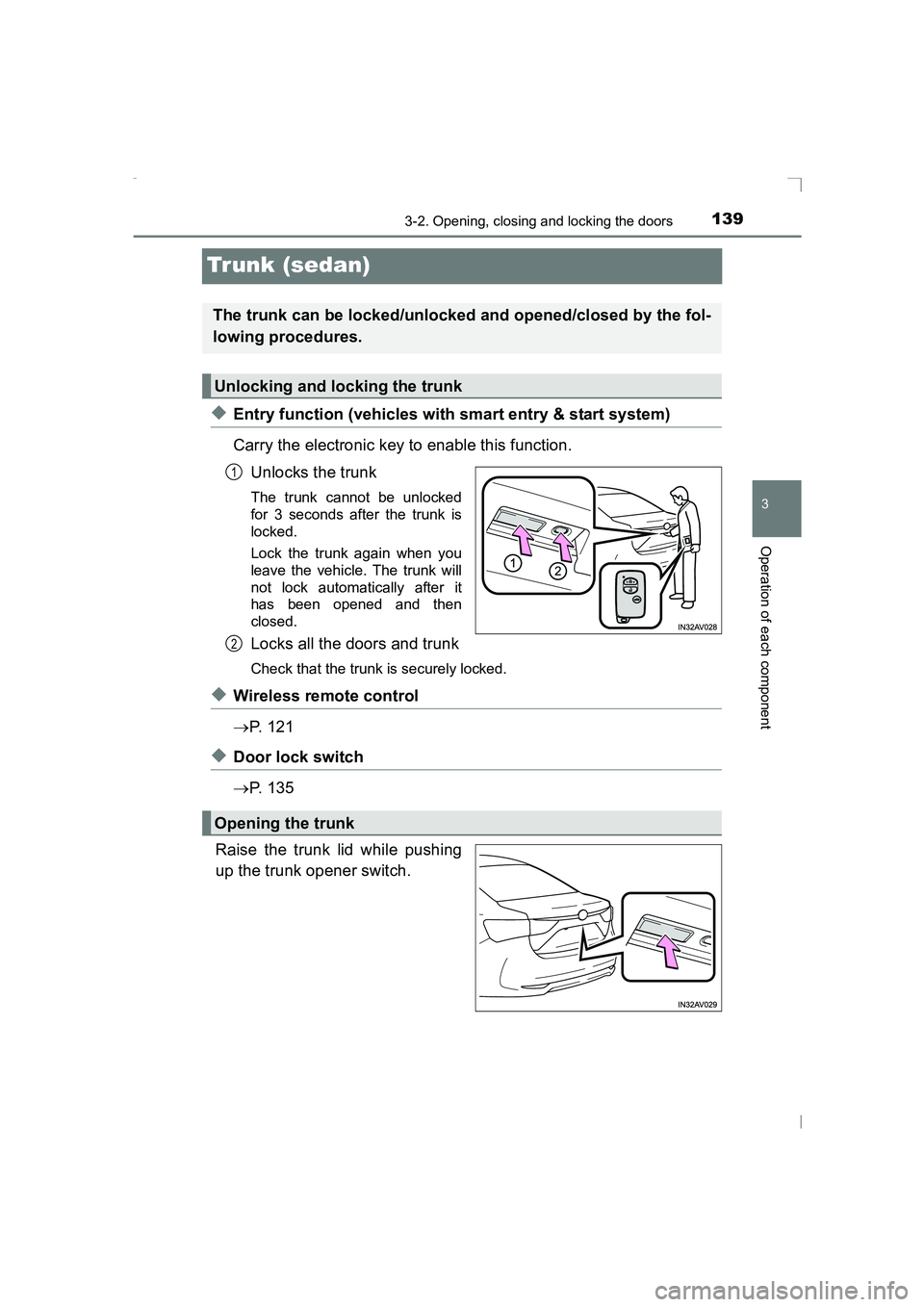 TOYOTA AVENSIS 2015  Owners Manual 139
3
3-2. Opening, closing and locking the doors
Operation of each component
AVENSIS_OM_OM20C20E_(EE)
Trunk (sedan)
◆Entry function (vehicles with smart entry & start system)
Carry the electronic k