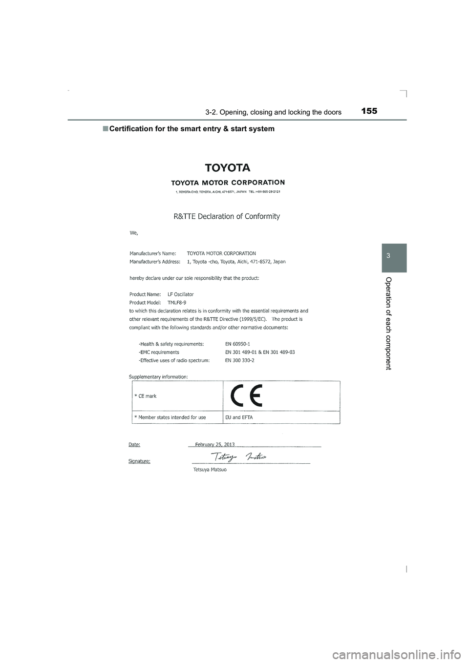TOYOTA AVENSIS 2015 Owners Manual 1553-2. Opening, closing and locking the doors
3
Operation of each component
AVENSIS_OM_OM20C20E_(EE)■
Certification for the smart entry & start system
AVENSIS_OM_OM20C20E_(EE).book Page 155 Thurs TOYOTA AVENSIS 2015 Owners Manual 1553-2. Opening, closing and locking the doors
3
Operation of each component
AVENSIS_OM_OM20C20E_(EE)■
Certification for the smart entry & start system
AVENSIS_OM_OM20C20E_(EE).book Page 155 Thurs