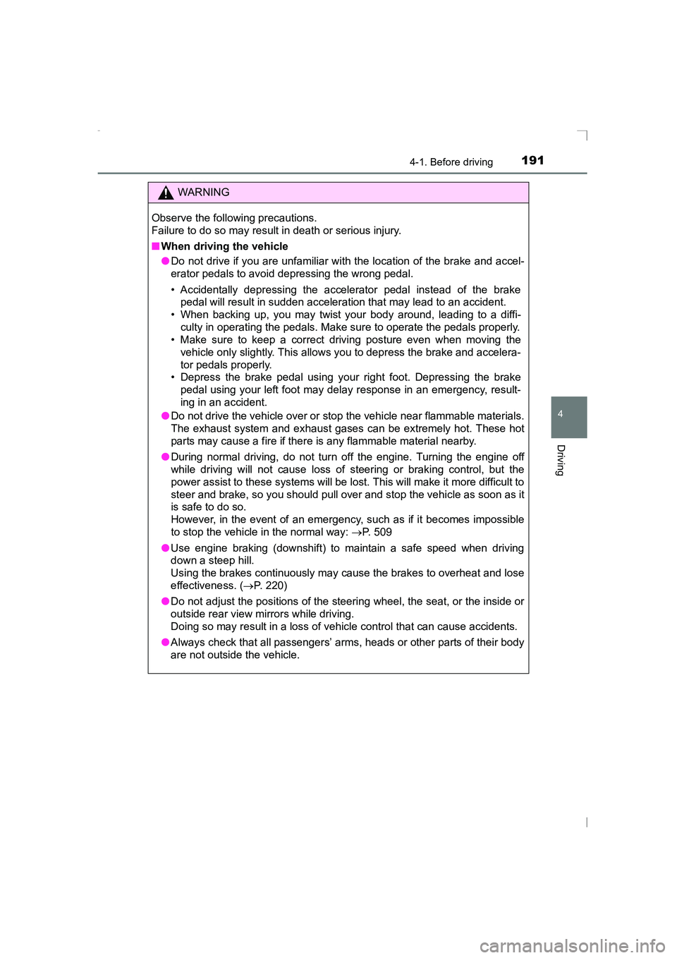TOYOTA AVENSIS 2015 Owners Manual 1914-1. Before driving
4
Driving
AVENSIS_OM_OM20C20E_(EE)
WARNING
Observe the following precautions.
Failure to do so may result in death or serious injury.
■ When driving the vehicle
●Do not driv TOYOTA AVENSIS 2015 Owners Manual 1914-1. Before driving
4
Driving
AVENSIS_OM_OM20C20E_(EE)
WARNING
Observe the following precautions.
Failure to do so may result in death or serious injury.
■ When driving the vehicle
●Do not driv