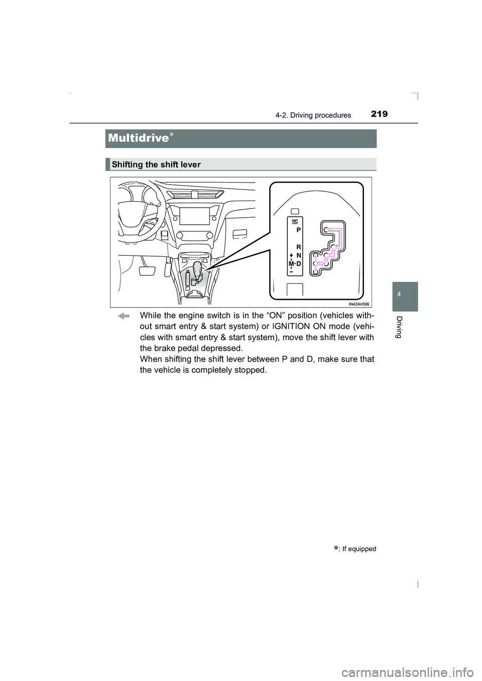 TOYOTA AVENSIS 2015  Owners Manual 219
4
4-2. Driving procedures
Driving
AVENSIS_OM_OM20C20E_(EE)
Multidrive∗
While the engine switch is in the “ON” position (vehicles with-
out smart entry & start system) or IGNITION ON mode (ve