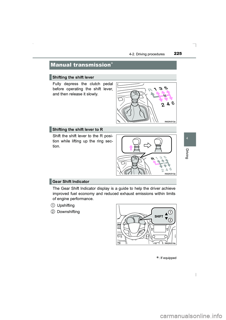 TOYOTA AVENSIS 2015  Owners Manual 225
4
4-2. Driving procedures
Driving
AVENSIS_OM_OM20C20E_(EE)
Manual transmission∗
Fully depress the clutch pedal
before operating the shift lever,
and then release it slowly.
Shift the shift lever