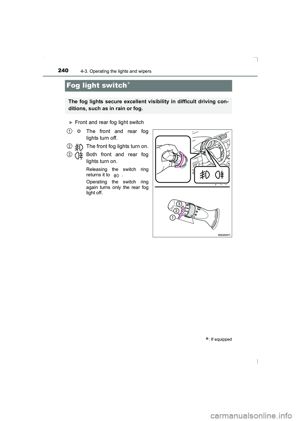 TOYOTA AVENSIS 2015  Owners Manual 2404-3. Operating the lights and wipers
AVENSIS_OM_OM20C20E_(EE)
Fog light switch∗
�XFront and rear fog light switchThe front and rear fog
lights turn off.
The front fog lights turn on.
Both front a