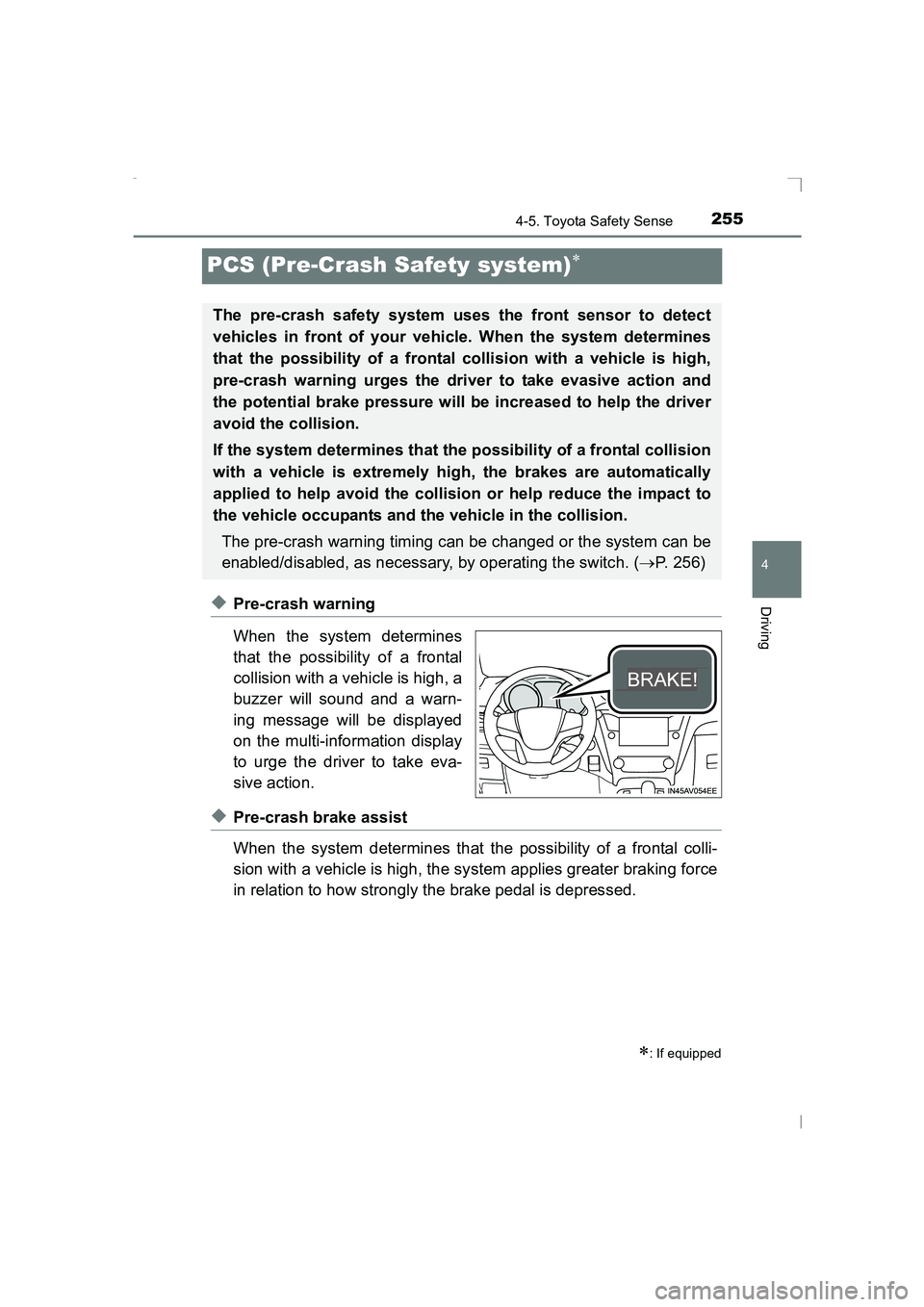 TOYOTA AVENSIS 2015 Owners Manual 255
4
4-5. Toyota Safety Sense
Driving
AVENSIS_OM_OM20C20E_(EE)
PCS (Pre-Crash Safety system)∗
◆Pre-crash warning
When the system determines
that the possibility of a frontal
collision with a vehi TOYOTA AVENSIS 2015 Owners Manual 255
4
4-5. Toyota Safety Sense
Driving
AVENSIS_OM_OM20C20E_(EE)
PCS (Pre-Crash Safety system)∗
◆Pre-crash warning
When the system determines
that the possibility of a frontal
collision with a vehi