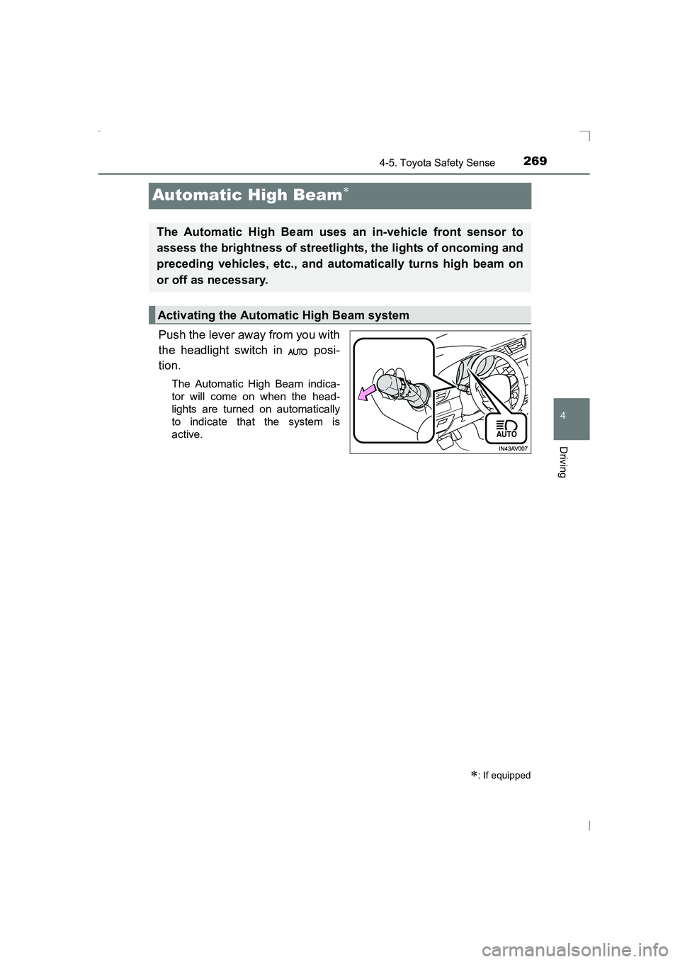 TOYOTA AVENSIS 2015 Owners Manual 269
4
4-5. Toyota Safety Sense
Driving
AVENSIS_OM_OM20C20E_(EE)
Automatic High Beam∗
Push the lever away from you with
the headlight switch in posi-
tion.
The Automatic High Beam indica-
tor will TOYOTA AVENSIS 2015 Owners Manual 269
4
4-5. Toyota Safety Sense
Driving
AVENSIS_OM_OM20C20E_(EE)
Automatic High Beam∗
Push the lever away from you with
the headlight switch in posi-
tion.
The Automatic High Beam indica-
tor will