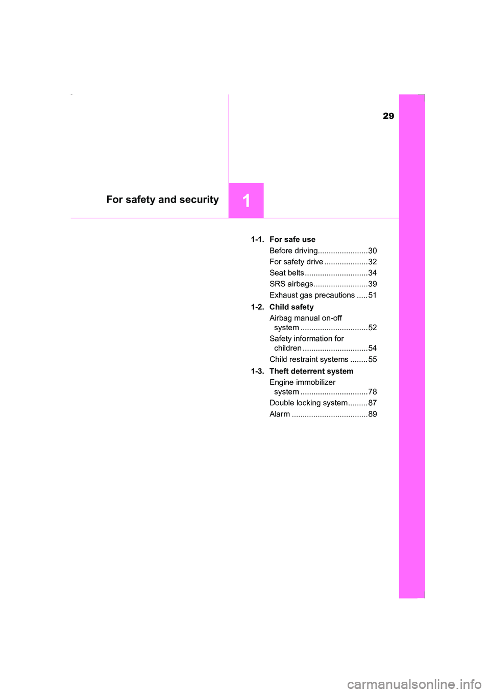 TOYOTA AVENSIS 2015 Owners Manual 29
1For safety and security
AVENSIS_OM_OM20C20E_(EE)1-1. For safe use
Before driving....................... 30
For safety drive .................... 32
Seat belts ............................. 34
SRS 
