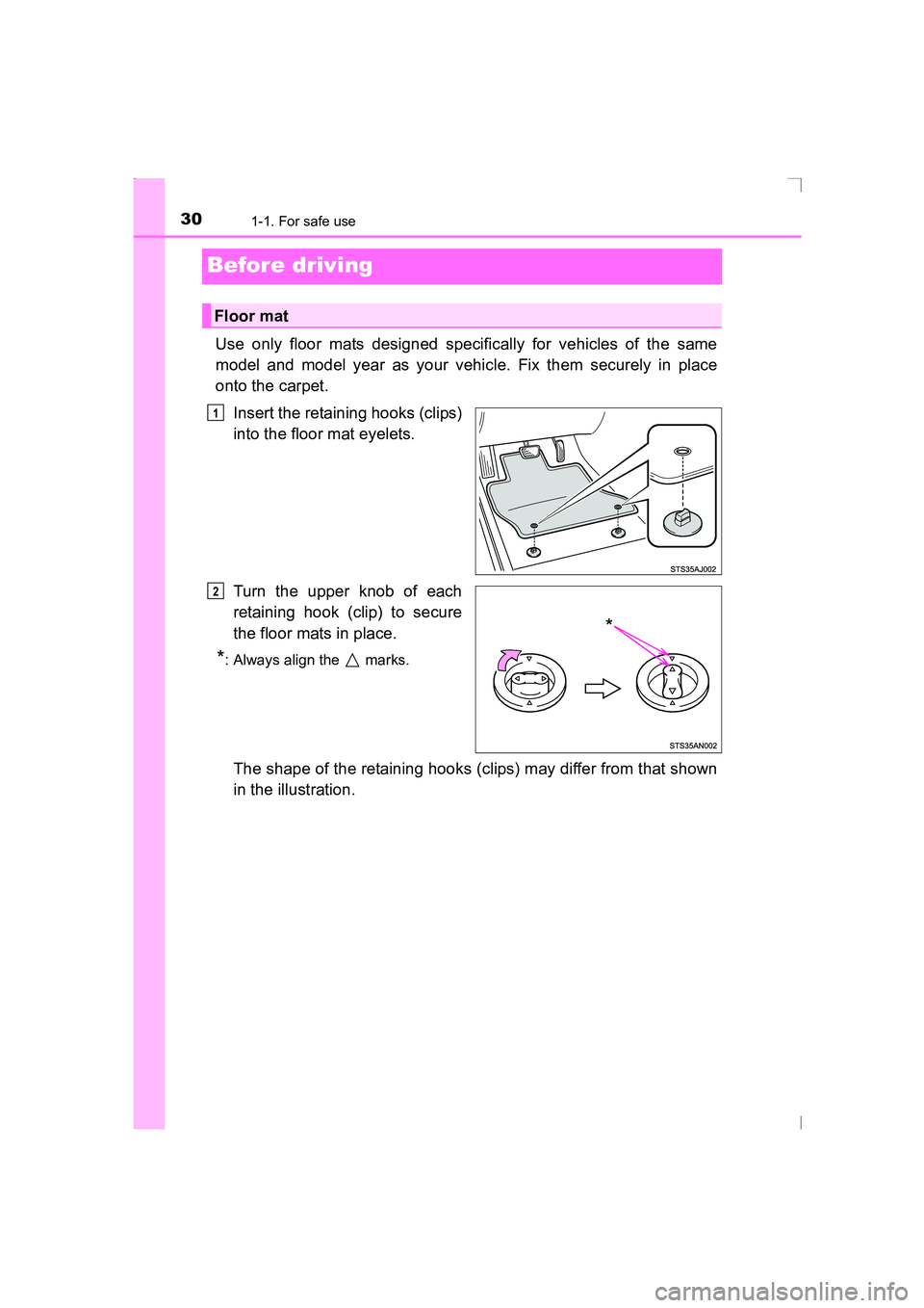 TOYOTA AVENSIS 2015 Owners Manual 301-1. For safe use
AVENSIS_OM_OM20C20E_(EE)
Before driving
Use only floor mats designed specifically for vehicles of the same
model and model year as your vehicle. Fix them securely in place
onto the