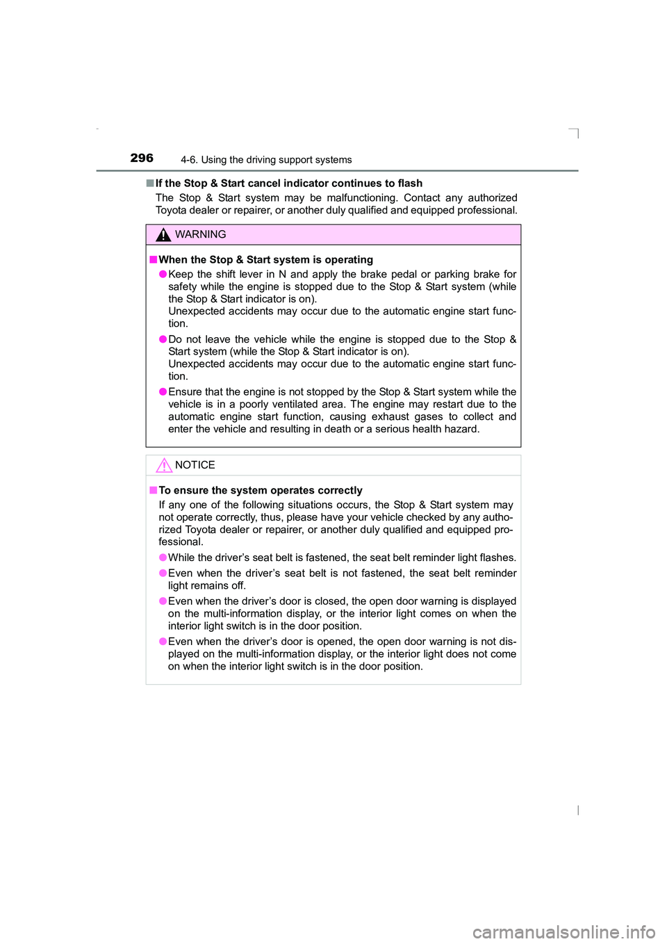 TOYOTA AVENSIS 2015 Owners Manual 2964-6. Using the driving support systems
AVENSIS_OM_OM20C20E_(EE)■
If the Stop & Start cancel indicator continues to flash
The Stop & Start system may be malfunctioning. Contact any authorized
Toyo TOYOTA AVENSIS 2015 Owners Manual 2964-6. Using the driving support systems
AVENSIS_OM_OM20C20E_(EE)■
If the Stop & Start cancel indicator continues to flash
The Stop & Start system may be malfunctioning. Contact any authorized
Toyo