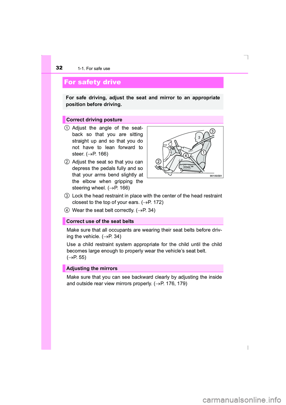 TOYOTA AVENSIS 2015 Owners Guide 321-1. For safe use
AVENSIS_OM_OM20C20E_(EE)
For safety drive
Adjust the angle of the seat-
back so that you are sitting
straight up and so that you do
not have to lean forward to
steer. (→P. 166)
A