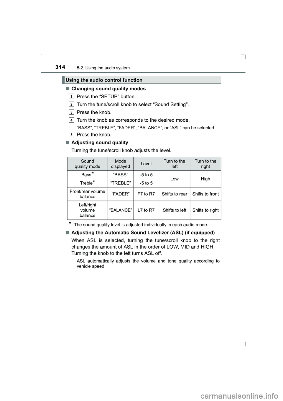 TOYOTA AVENSIS 2015 Owners Manual 3145-2. Using the audio system
AVENSIS_OM_OM20C20E_(EE)■
Changing sound quality modes
Press the “SETUP” button.
Turn the tune/scroll knob to select “Sound Setting”.
Press the knob.
Turn the TOYOTA AVENSIS 2015 Owners Manual 3145-2. Using the audio system
AVENSIS_OM_OM20C20E_(EE)■
Changing sound quality modes
Press the “SETUP” button.
Turn the tune/scroll knob to select “Sound Setting”.
Press the knob.
Turn the