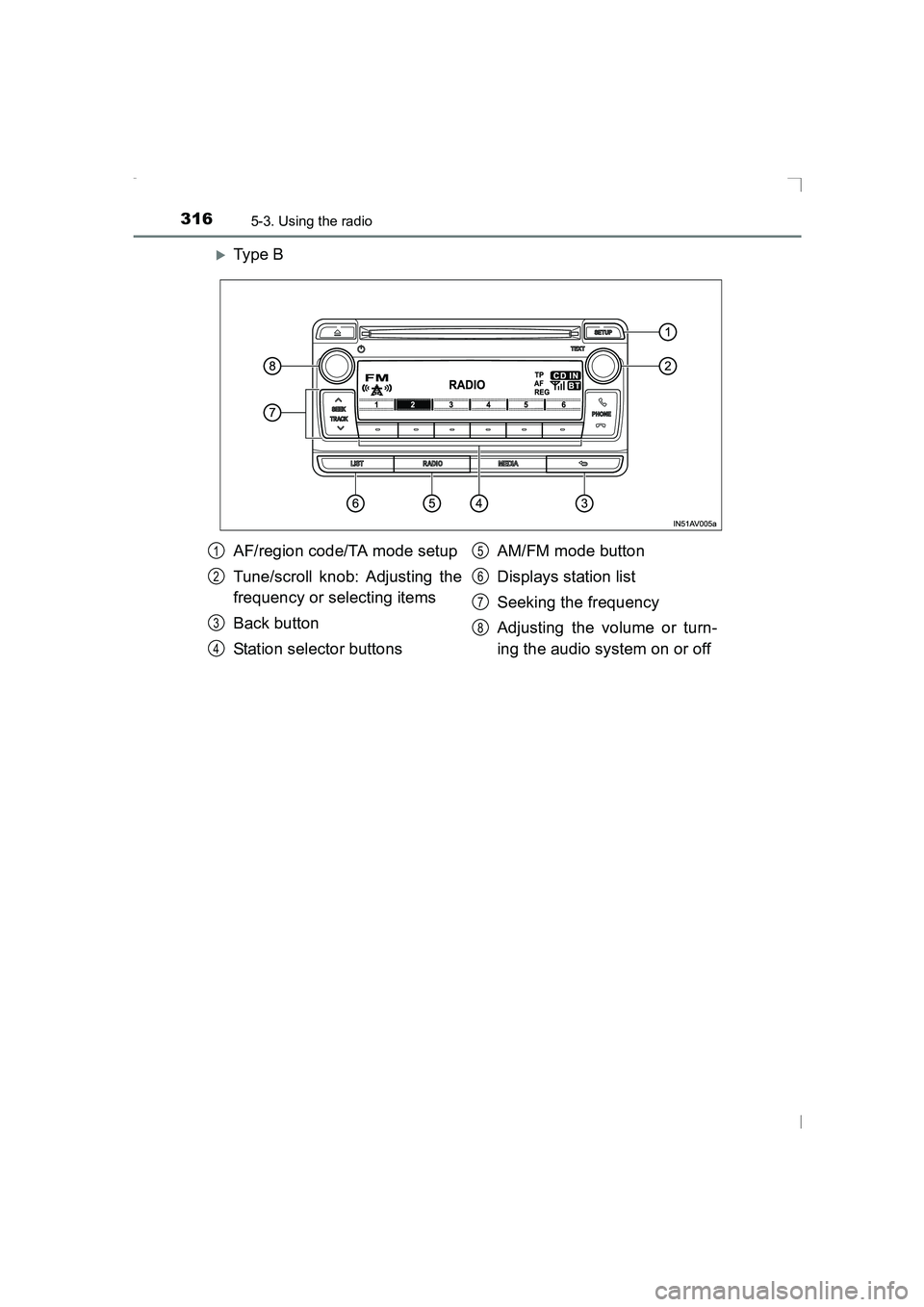 TOYOTA AVENSIS 2015  Owners Manual 3165-3. Using the radio
AVENSIS_OM_OM20C20E_(EE)
�XTy pe  B
AF/region code/TA mode setup
Tune/scroll knob: Adjusting the
frequency or selecting items
Back button
Station selector buttonsAM/FM mode but