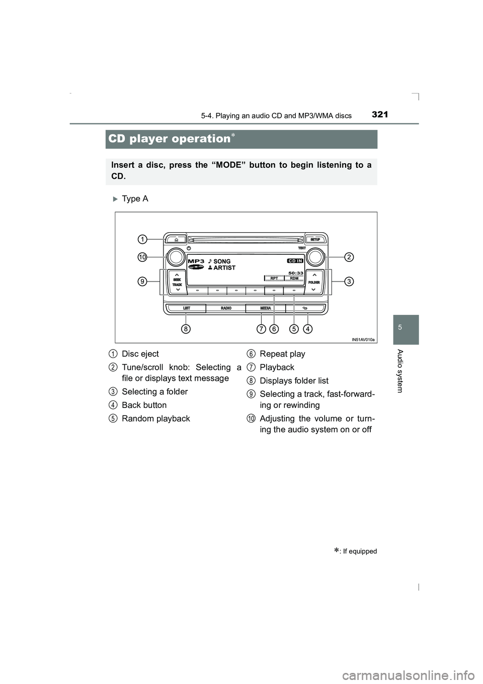 TOYOTA AVENSIS 2015  Owners Manual 321
5
5-4. Playing an audio CD and MP3/WMA discs
Audio system
AVENSIS_OM_OM20C20E_(EE)
CD player operation∗
�XTy pe  A
∗: If equipped
Insert a disc, press the “MODE” button to begin listening 
