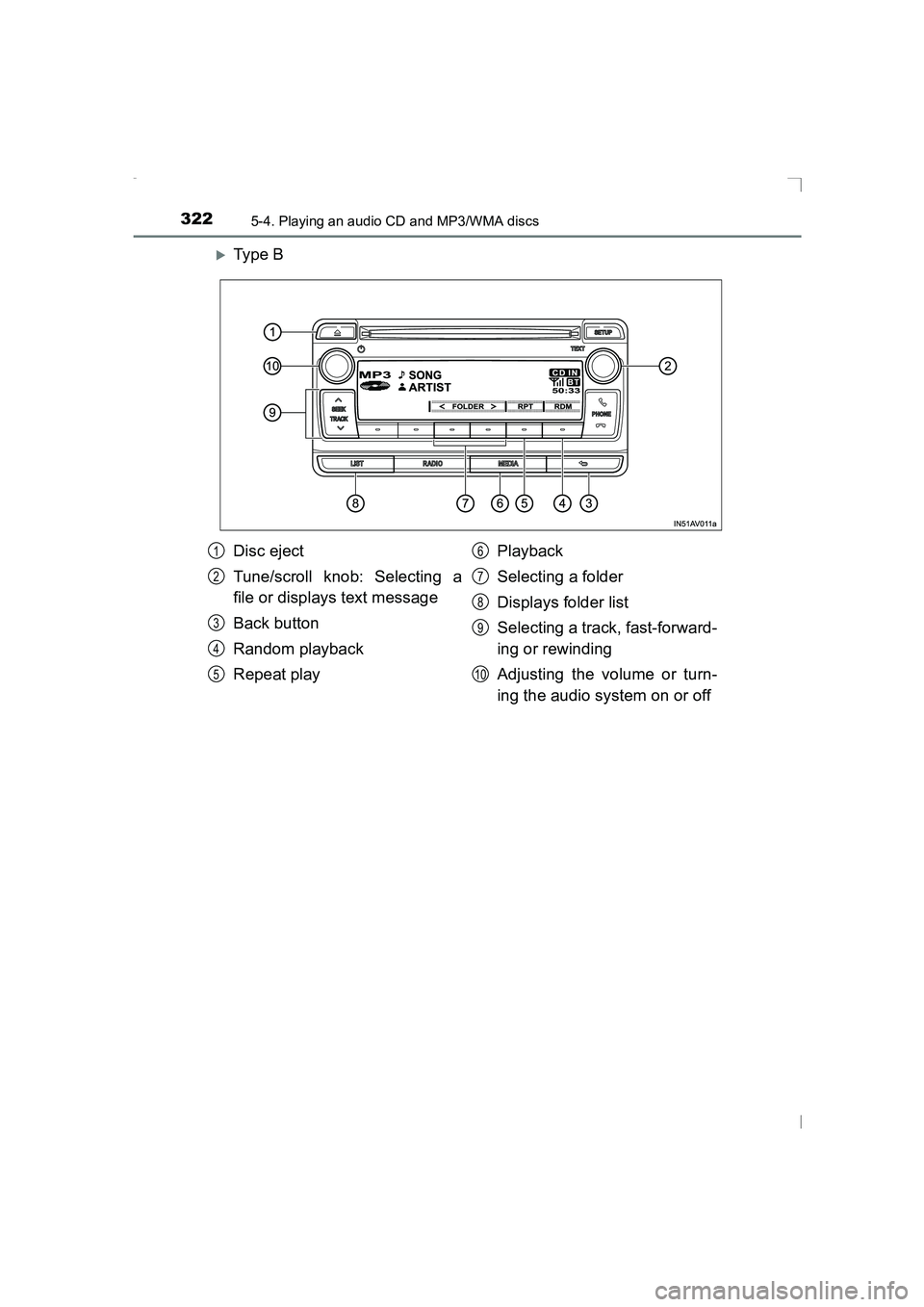 TOYOTA AVENSIS 2015  Owners Manual 3225-4. Playing an audio CD and MP3/WMA discs
AVENSIS_OM_OM20C20E_(EE)
�XTy pe  B
Disc eject
Tune/scroll knob: Selecting a
file or displays text message
Back button
Random playback
Repeat playPlayback