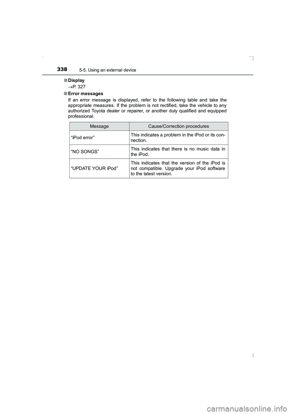 TOYOTA AVENSIS 2015  Owners Manual 3385-5. Using an external device
AVENSIS_OM_OM20C20E_(EE)■
Display
→ P. 327
■ Error messages
If an error message is displayed, refer to the following table and take the
appropriate measures. If 