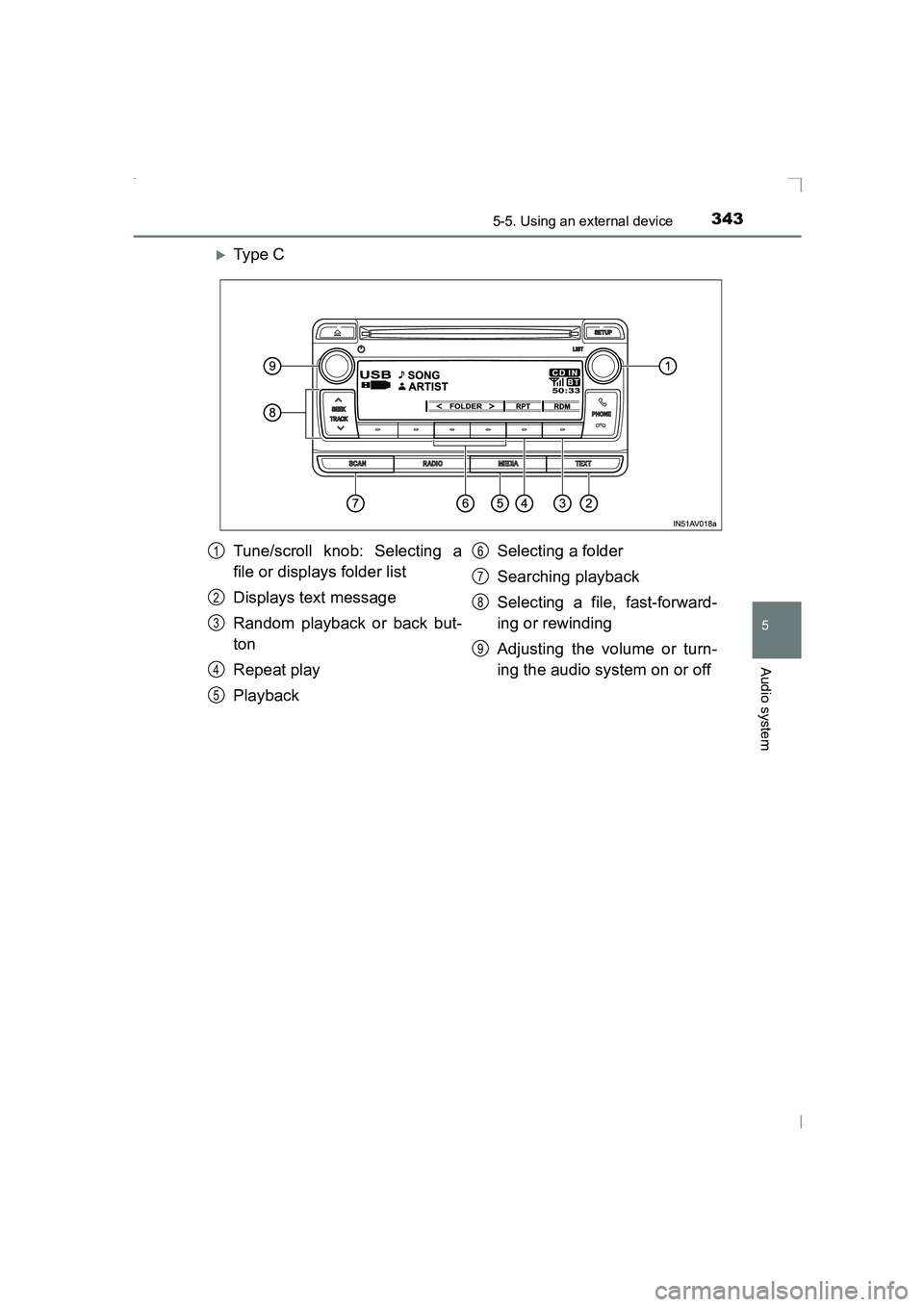 TOYOTA AVENSIS 2015  Owners Manual 3435-5. Using an external device
5
Audio system
AVENSIS_OM_OM20C20E_(EE)
�XTy pe  C
Tune/scroll knob: Selecting a
file or displays folder list
Displays text message
Random playback or back but-
ton
Re