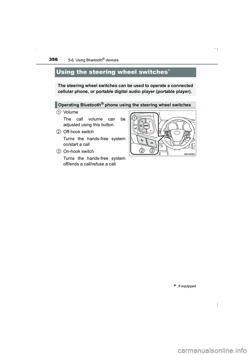 TOYOTA AVENSIS 2015  Owners Manual 3565-6. Using Bluetooth® devices
AVENSIS_OM_OM20C20E_(EE)
Using the steering wheel switches∗
Vo lu m e
The call volume can be
adjusted using this button.
Off-hook switch
Turns the hands-free system