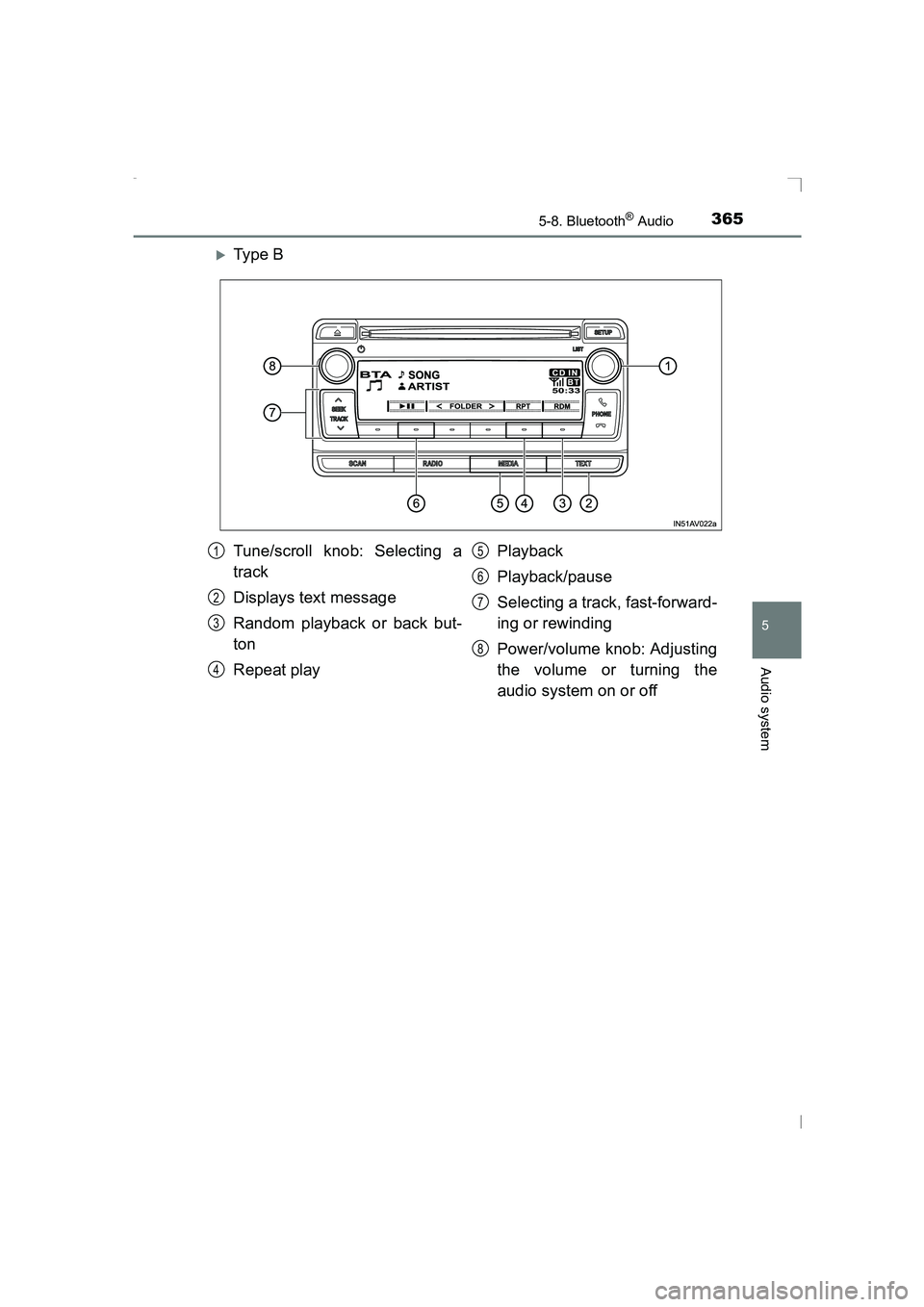TOYOTA AVENSIS 2015  Owners Manual 3655-8. Bluetooth® Audio
5
Audio system
AVENSIS_OM_OM20C20E_(EE)
�XTy pe  B
Tune/scroll knob: Selecting a
track
Displays text message
Random playback or back but-
ton
Repeat playPlayback
Playback/pau