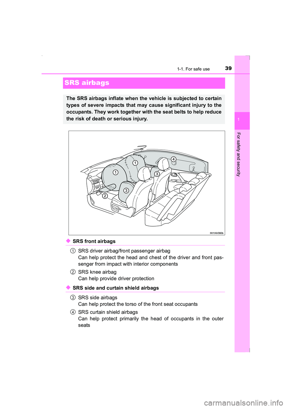 TOYOTA AVENSIS 2015 Owners Guide 391-1. For safe use
1
For safety and security
AVENSIS_OM_OM20C20E_(EE)
SRS airbags
◆SRS front airbagsSRS driver airbag/front passenger airbag
Can help protect the head and chest of the driver and fr