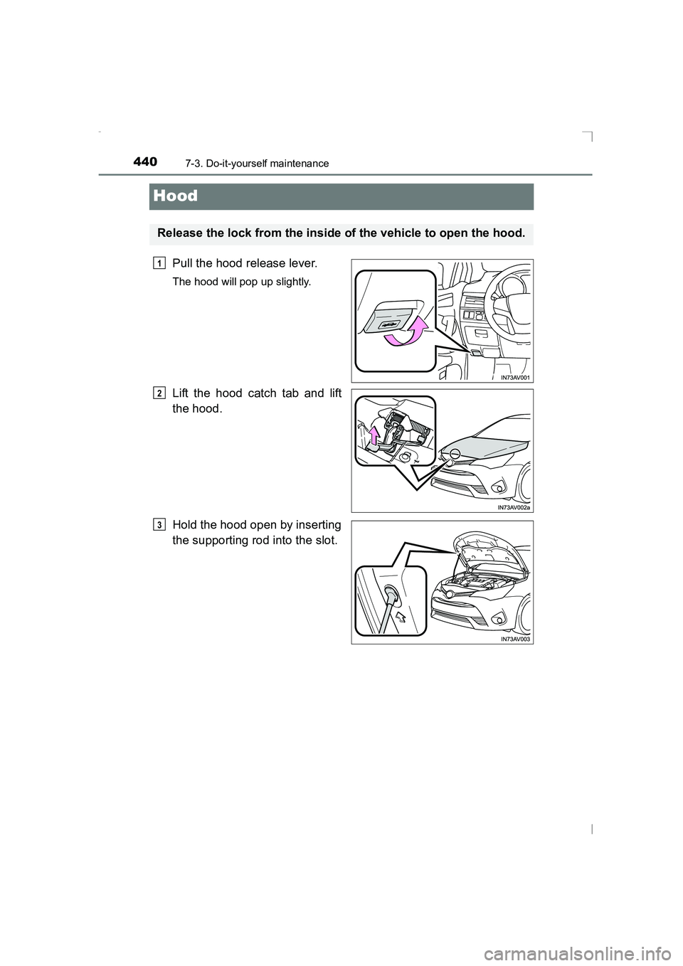 TOYOTA AVENSIS 2015  Owners Manual 4407-3. Do-it-yourself maintenance
AVENSIS_OM_OM20C20E_(EE)
Hood
Pull the hood release lever.
The hood will pop up slightly.
Lift the hood catch tab and lift
the hood.
Hold the hood open by inserting
