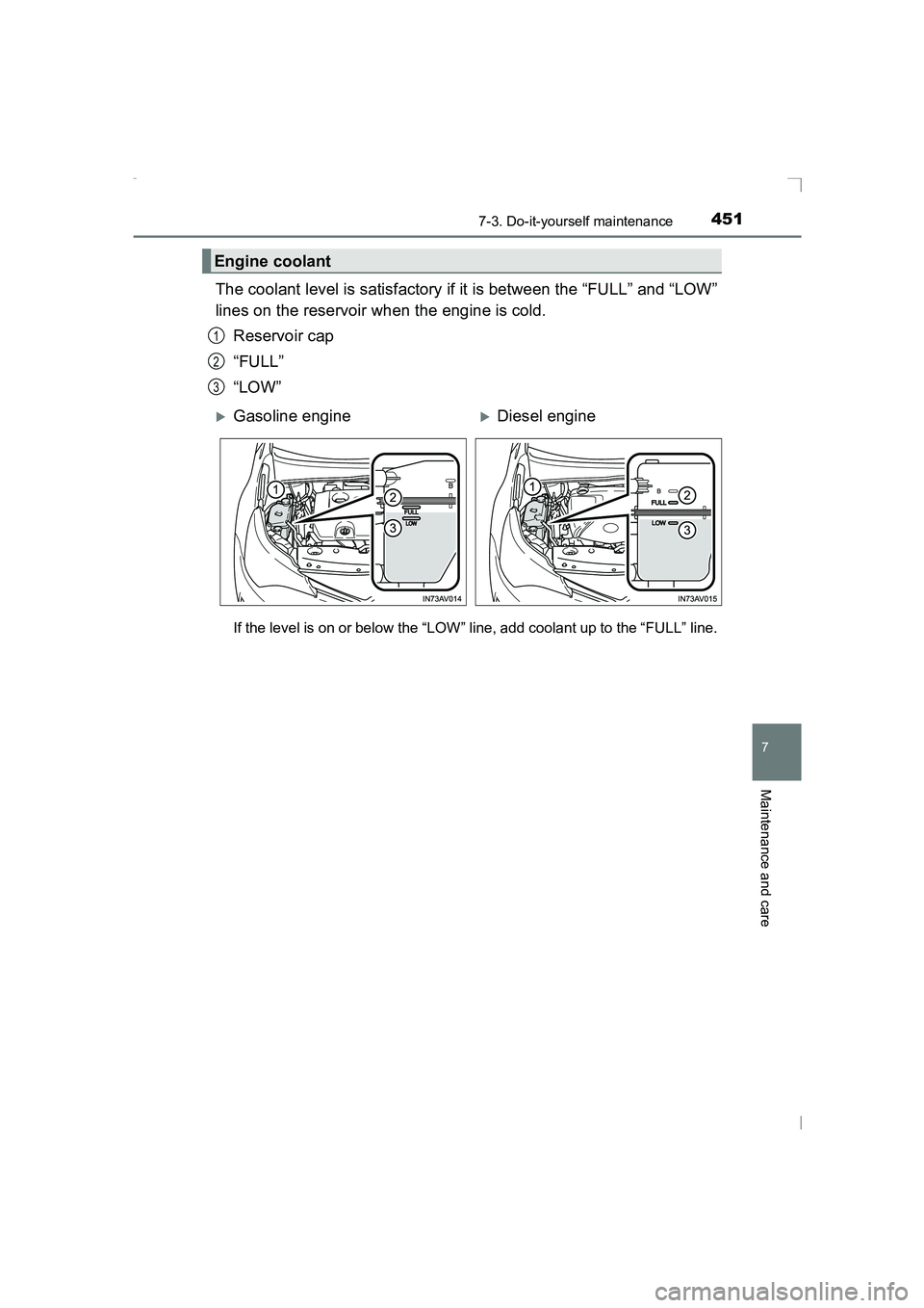 TOYOTA AVENSIS 2015 Owners Manual 4517-3. Do-it-yourself maintenance
AVENSIS_OM_OM20C20E_(EE)
7
Maintenance and care
The coolant level is satisfactory if it is between the “FULL” and “LOW”
lines on the reservoir when the engin TOYOTA AVENSIS 2015 Owners Manual 4517-3. Do-it-yourself maintenance
AVENSIS_OM_OM20C20E_(EE)
7
Maintenance and care
The coolant level is satisfactory if it is between the “FULL” and “LOW”
lines on the reservoir when the engin