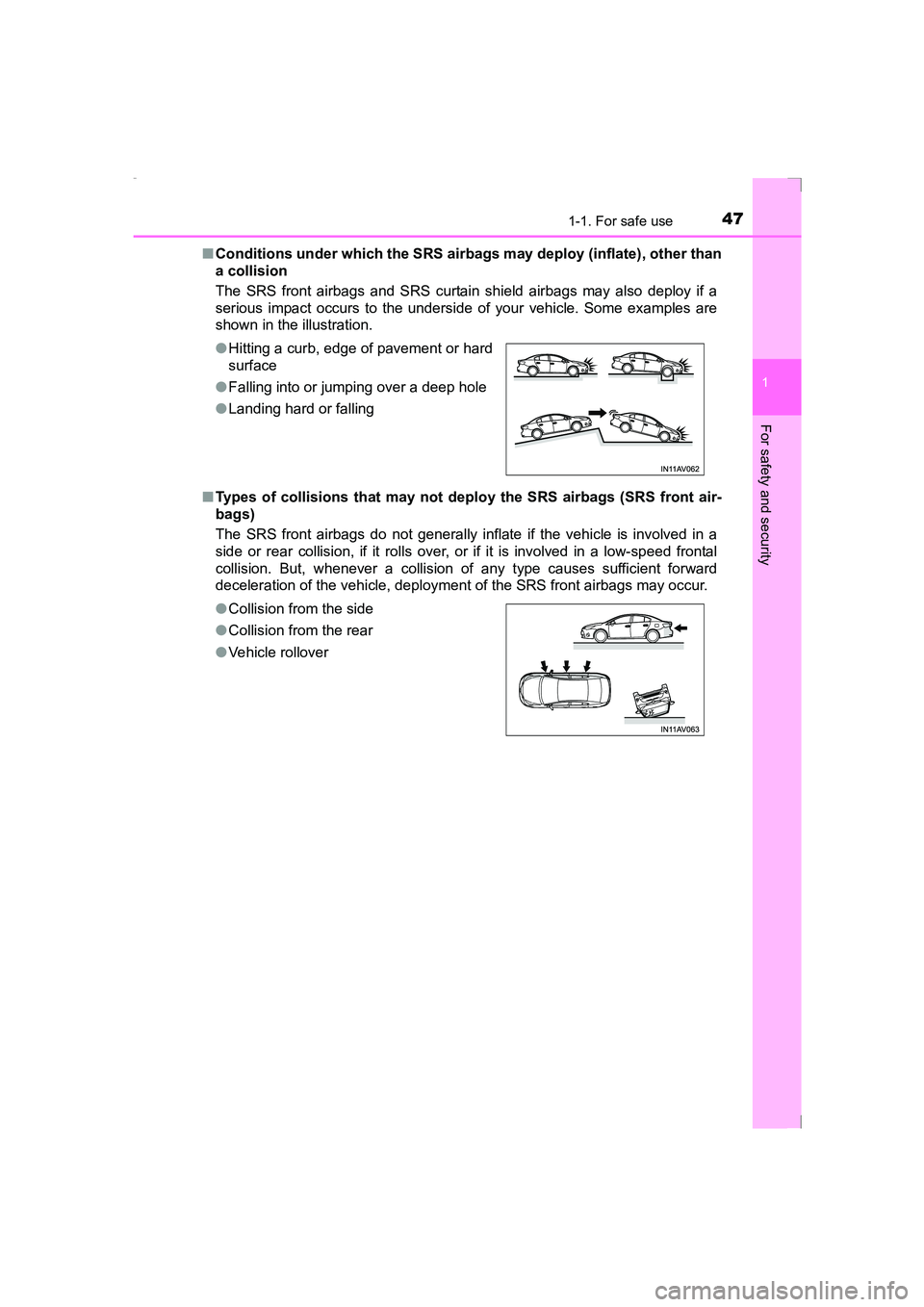 TOYOTA AVENSIS 2015 Service Manual 471-1. For safe use
1
AVENSIS_OM_OM20C20E_(EE)
For safety and security
■Conditions under which the SRS airbags may deploy (inflate), other than
a collision
The SRS front airbags and SRS curtain shie