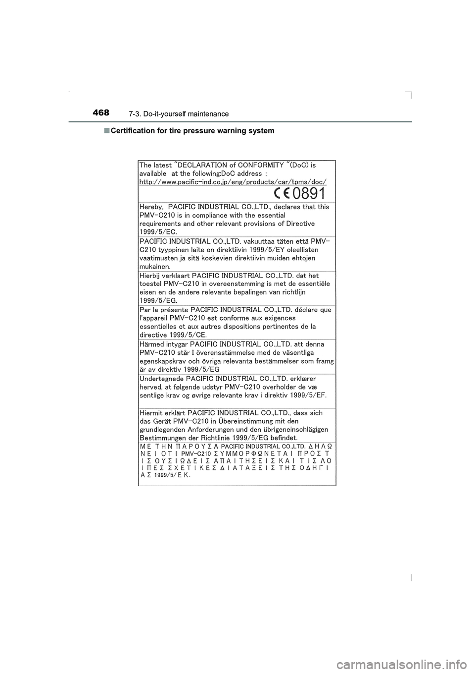 TOYOTA AVENSIS 2015  Owners Manual 4687-3. Do-it-yourself maintenance
AVENSIS_OM_OM20C20E_(EE)■
Certification for tire pressure warning system
AVENSIS_OM_OM20C20E_(EE).book  Page 468  Thursday, January 29,  2015  1:47 PM 