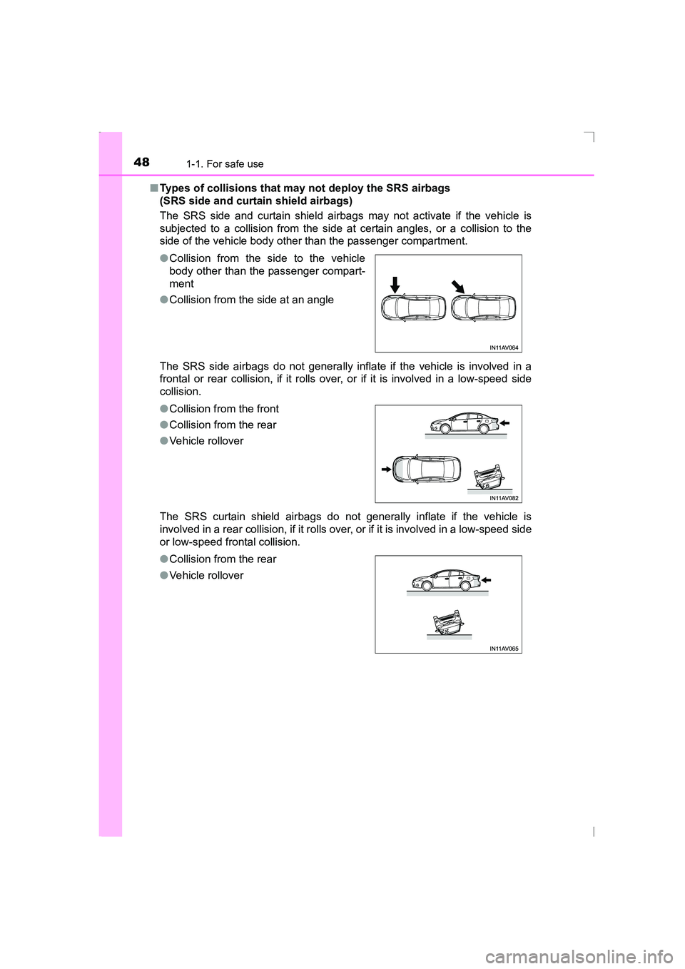 TOYOTA AVENSIS 2015 Service Manual 481-1. For safe use
AVENSIS_OM_OM20C20E_(EE)■
Types of collisions that may not deploy the SRS airbags 
(SRS side and curtain shield airbags)
The SRS side and curtain shield airbags may not activate 
