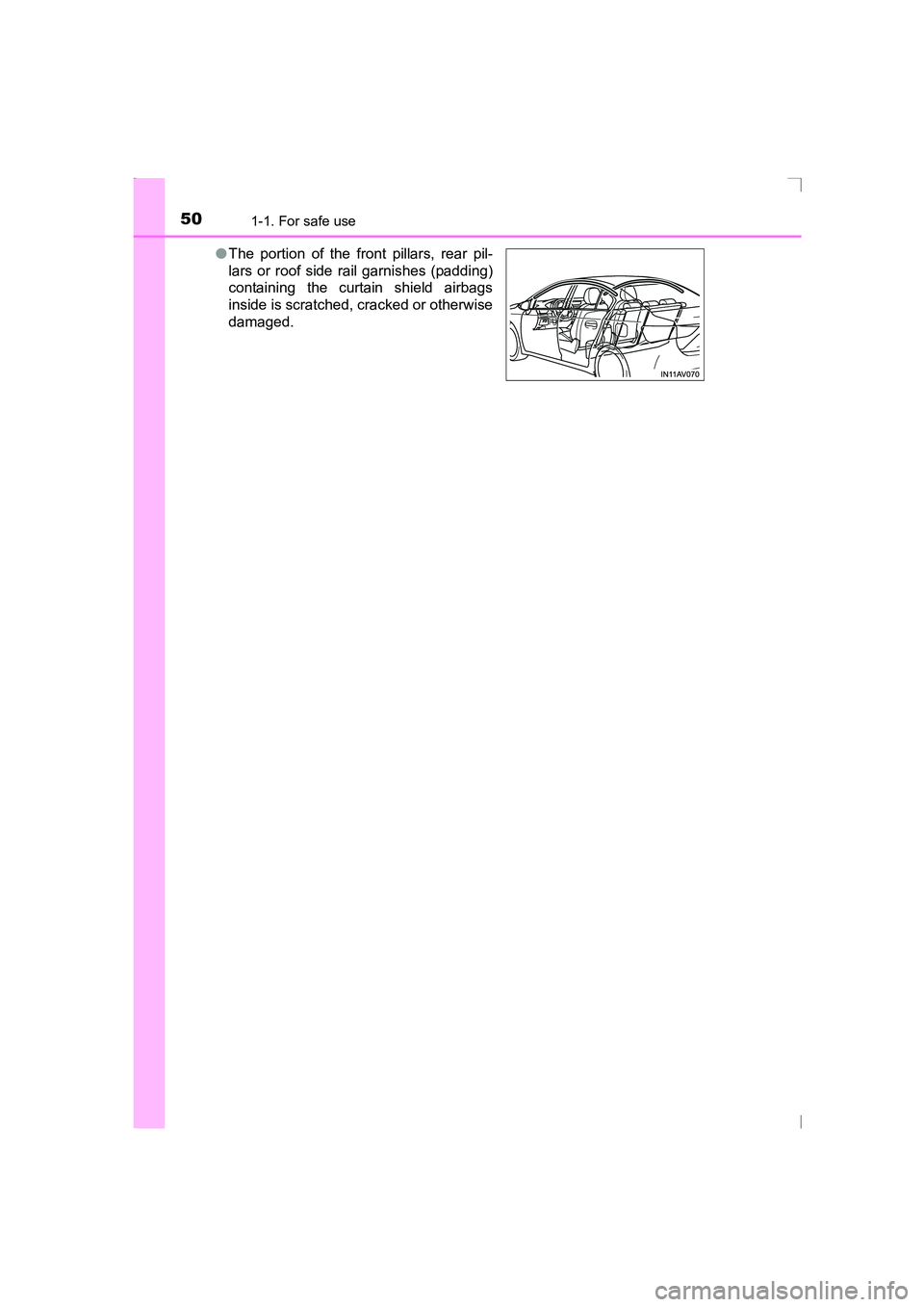 TOYOTA AVENSIS 2015 Service Manual 501-1. For safe use
AVENSIS_OM_OM20C20E_(EE)●
The portion of the front pillars, rear pil-
lars or roof side rail garnishes (padding)
containing the curtain shield airbags
inside is scratched, cracke