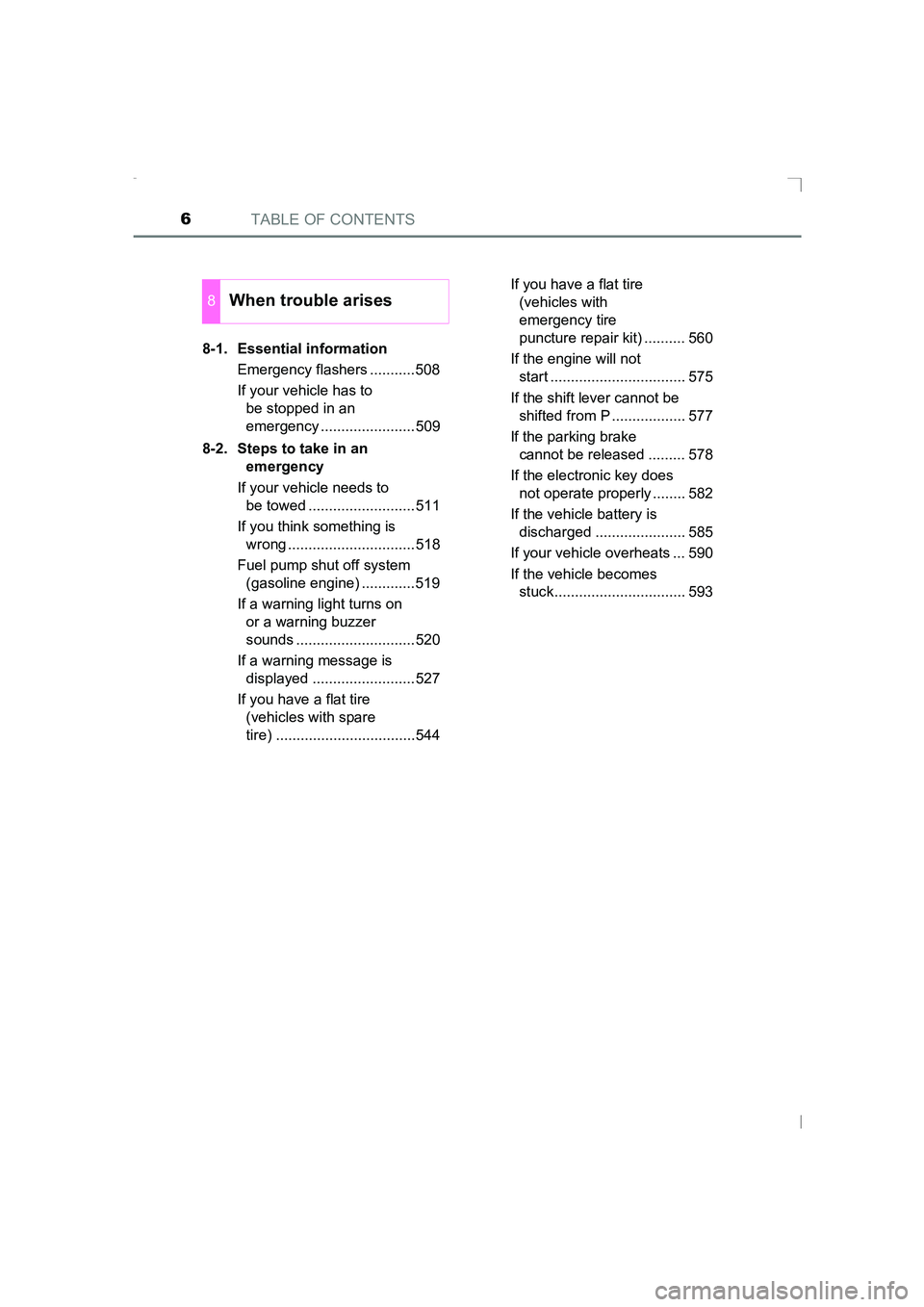 TOYOTA AVENSIS 2015  Owners Manual TABLE OF CONTENTS6
AVENSIS_OM_OM20C20E_(EE)8-1. Essential information
Emergency flashers ...........508
If your vehicle has to be stopped in an 
emergency .......................509
8-2. Steps to take