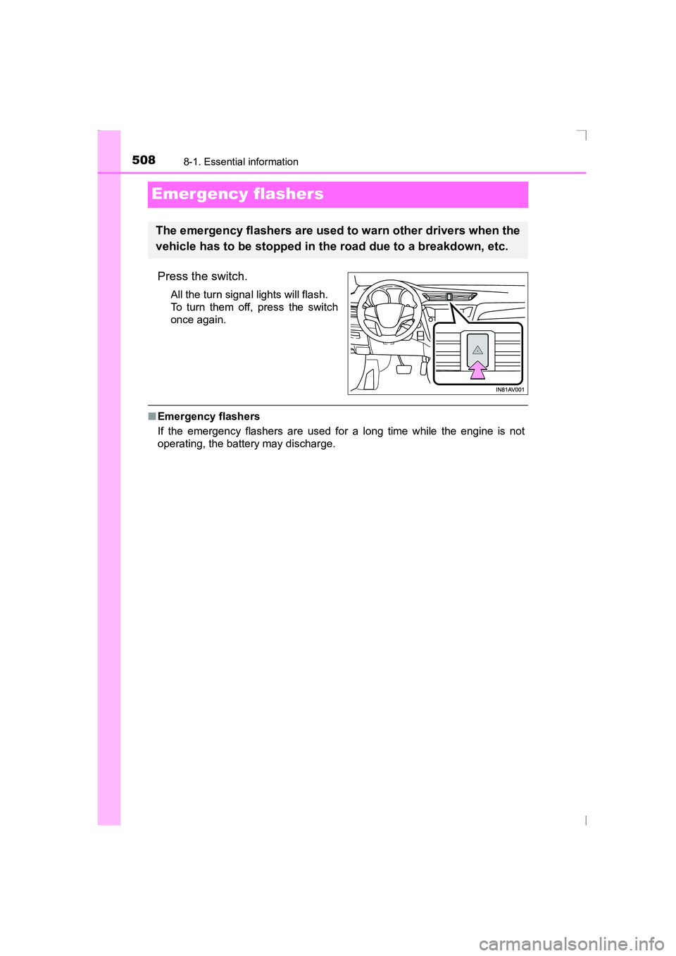 TOYOTA AVENSIS 2015 Owners Manual 5088-1. Essential information
AVENSIS_OM_OM20C20E_(EE)
Emergency flashers
Press the switch.
All the turn signal lights will flash.
To turn them off, press the switch
once again.
■Emergency flashers TOYOTA AVENSIS 2015 Owners Manual 5088-1. Essential information
AVENSIS_OM_OM20C20E_(EE)
Emergency flashers
Press the switch.
All the turn signal lights will flash.
To turn them off, press the switch
once again.
■Emergency flashers
