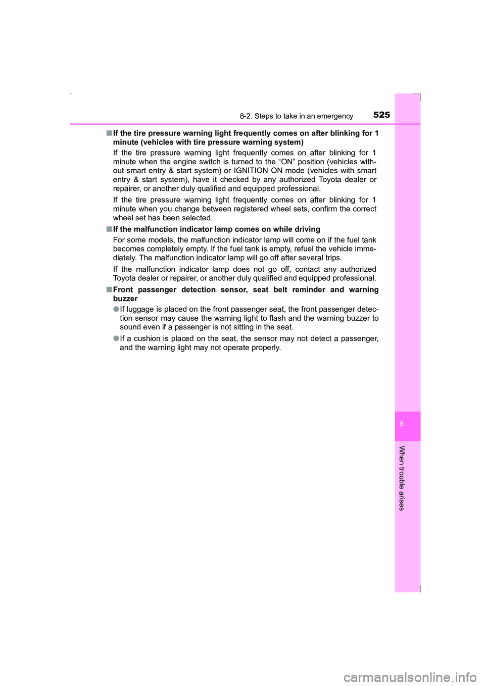 TOYOTA AVENSIS 2015 Owners Manual 5258-2. Steps to take in an emergency
AVENSIS_OM_OM20C20E_(EE)
8
When trouble arises
■If the tire pressure warning light fre quently comes on after blinking for 1
minute (vehicles with tire pressure TOYOTA AVENSIS 2015 Owners Manual 5258-2. Steps to take in an emergency
AVENSIS_OM_OM20C20E_(EE)
8
When trouble arises
■If the tire pressure warning light fre quently comes on after blinking for 1
minute (vehicles with tire pressure