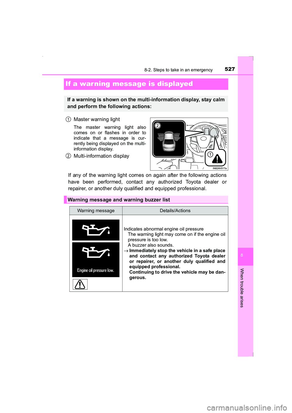 TOYOTA AVENSIS 2015 Owners Manual 5278-2. Steps to take in an emergency
AVENSIS_OM_OM20C20E_(EE)
8
When trouble arises
If a war ning message is displayed
Master warning light
The master warning light also
comes on or flashes in order TOYOTA AVENSIS 2015 Owners Manual 5278-2. Steps to take in an emergency
AVENSIS_OM_OM20C20E_(EE)
8
When trouble arises
If a war ning message is displayed
Master warning light
The master warning light also
comes on or flashes in order