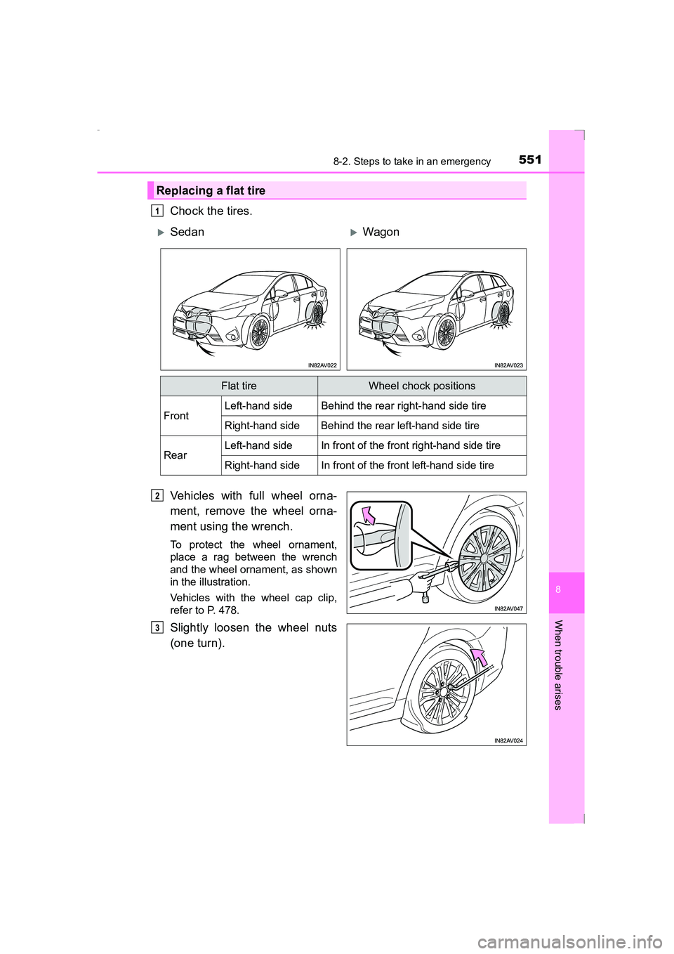TOYOTA AVENSIS 2015  Owners Manual 5518-2. Steps to take in an emergency
AVENSIS_OM_OM20C20E_(EE)
8
When trouble arises
Chock the tires.
Vehicles with full wheel orna-
ment, remove the wheel orna-
ment using the wrench.
To protect the 