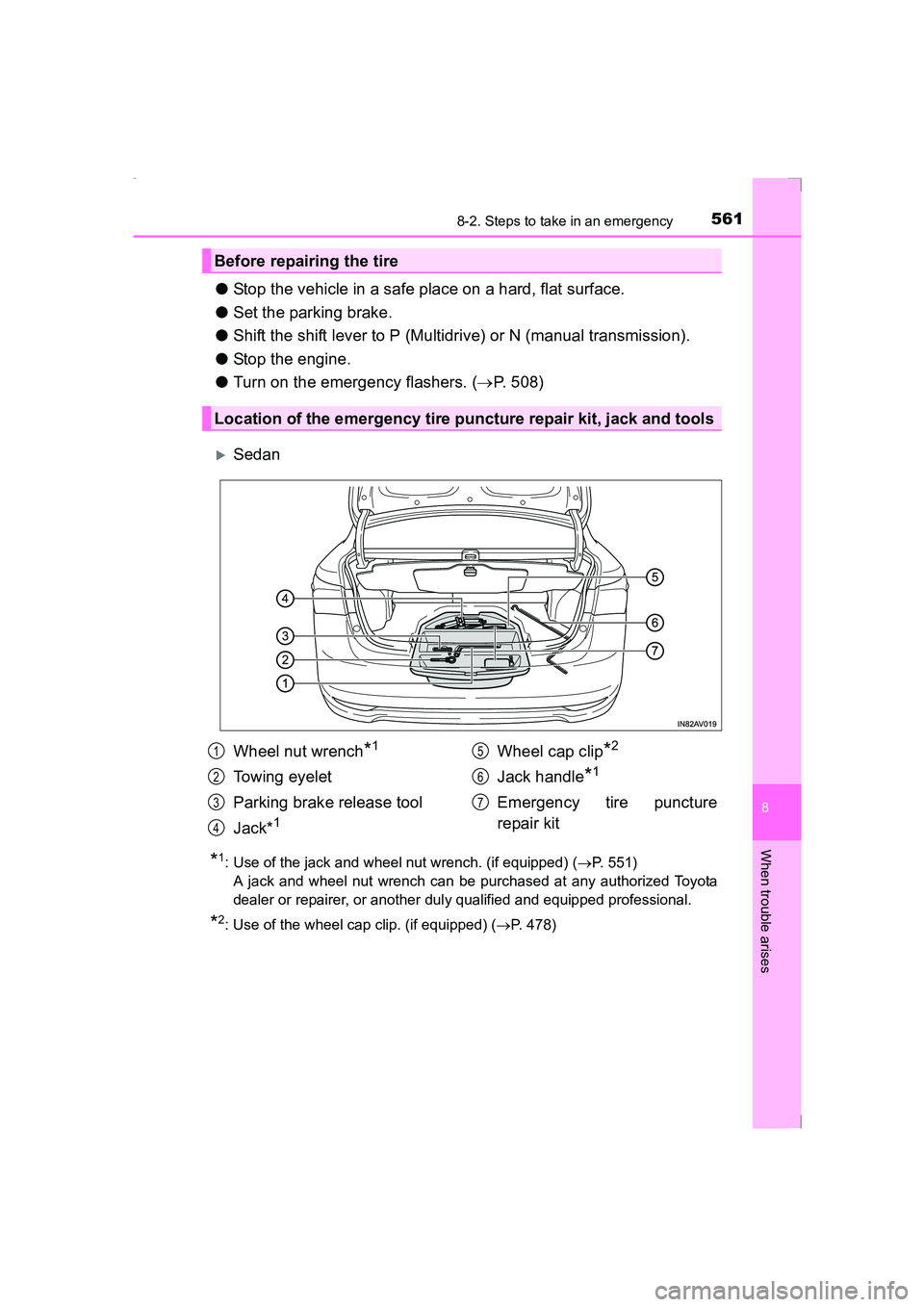 TOYOTA AVENSIS 2015  Owners Manual 5618-2. Steps to take in an emergency
AVENSIS_OM_OM20C20E_(EE)
8
When trouble arises
●Stop the vehicle in a safe place on a hard, flat surface.
● Set the parking brake.
● Shift the shift lever t