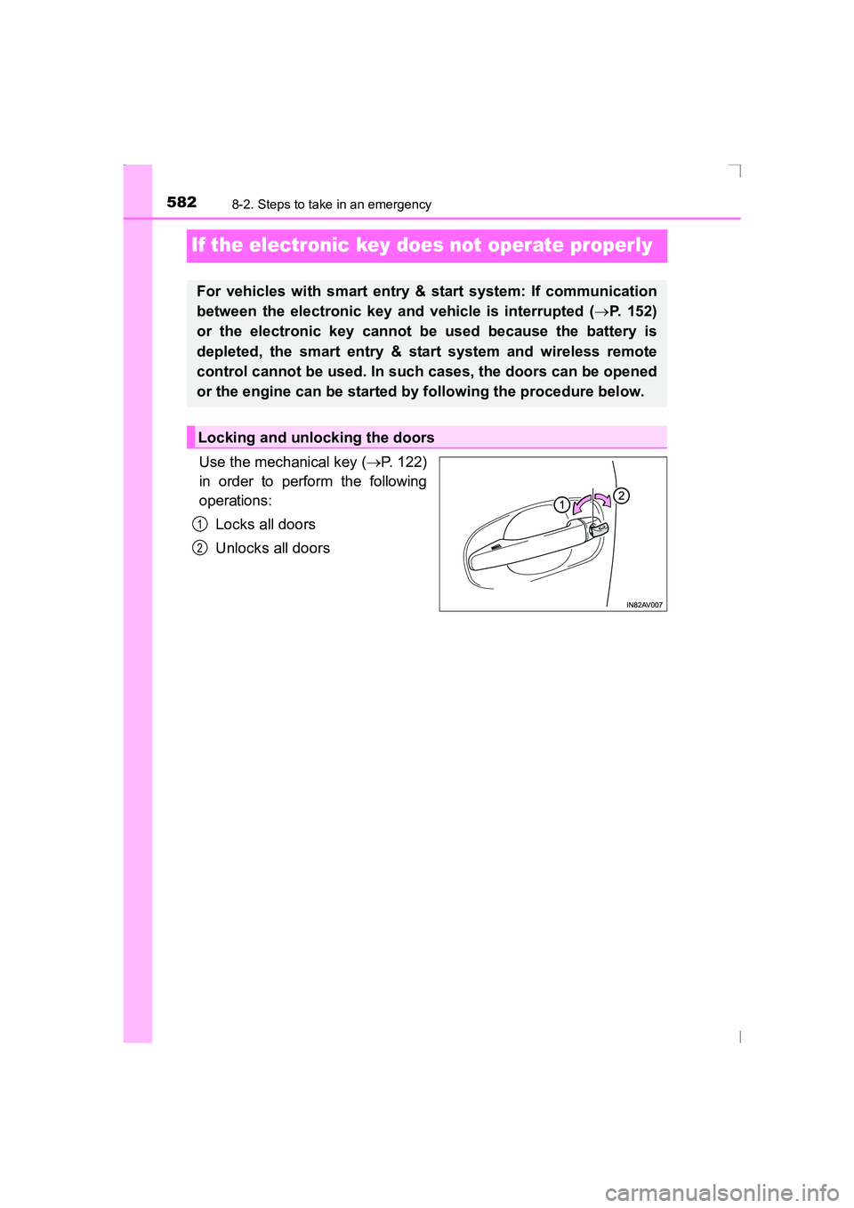 TOYOTA AVENSIS 2015  Owners Manual 5828-2. Steps to take in an emergency
AVENSIS_OM_OM20C20E_(EE)
If the electronic key does not operate properly
Use the mechanical key (→P. 122)
in order to perform the following
operations:
Locks al