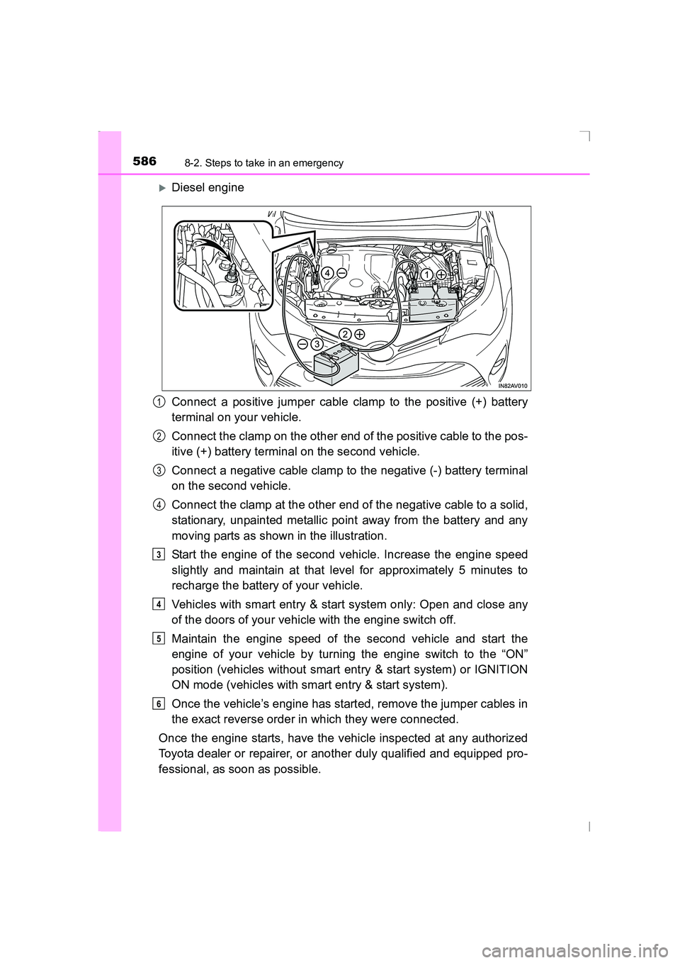 TOYOTA AVENSIS 2015 Service Manual 5868-2. Steps to take in an emergency
AVENSIS_OM_OM20C20E_(EE)
�XDiesel engine
Connect a positive jumper cable clamp to the positive (+) battery
terminal on your vehicle.
Connect the clamp on the othe