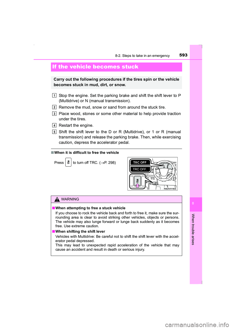TOYOTA AVENSIS 2015  Owners Manual 5938-2. Steps to take in an emergency
AVENSIS_OM_OM20C20E_(EE)
8
When trouble arises
If the vehicle becomes stuck
Stop the engine. Set the parking brake and shift the shift lever to P
(Multidrive) or 