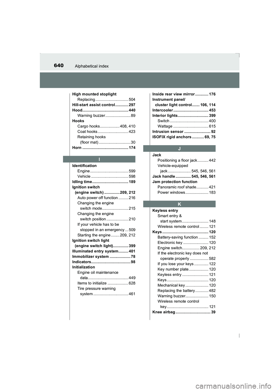 TOYOTA AVENSIS 2015  Owners Manual 640Alphabetical index
AVENSIS_OM_OM20C20E_(EE)
High mounted stoplightReplacing .............................. 504
Hill-start assist control ............ 297
Hood.......................................