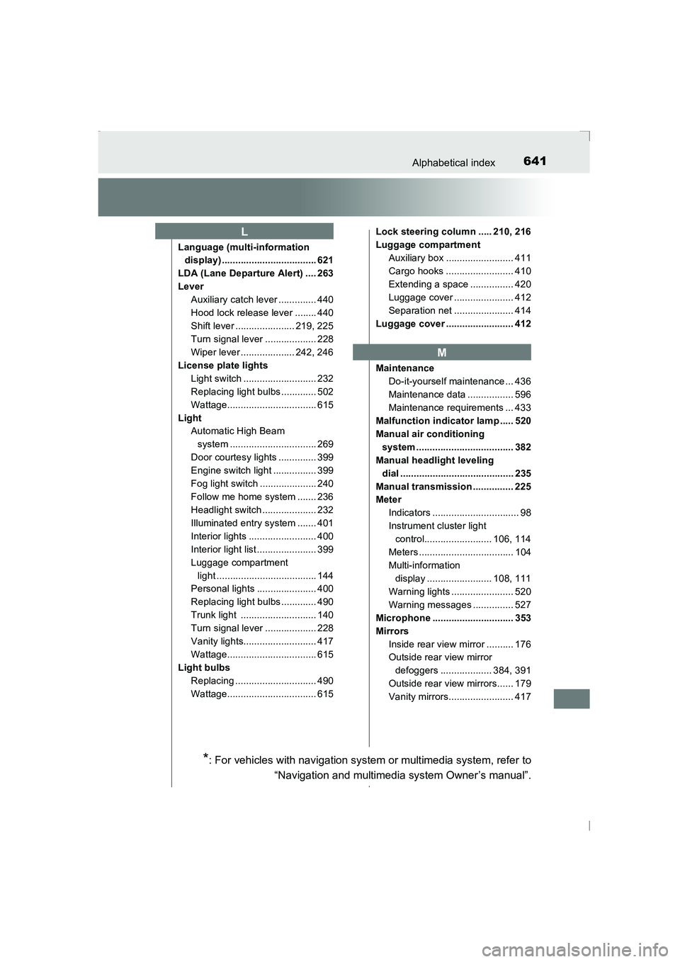 TOYOTA AVENSIS 2015 Owners Manual 641Alphabetical index
AVENSIS_OM_OM20C20E_(EE)
Language (multi-information display) ................................... 621
LDA (Lane Departure Alert) .... 263
Lever Auxiliary catch lever ............ TOYOTA AVENSIS 2015 Owners Manual 641Alphabetical index
AVENSIS_OM_OM20C20E_(EE)
Language (multi-information display) ................................... 621
LDA (Lane Departure Alert) .... 263
Lever Auxiliary catch lever ............