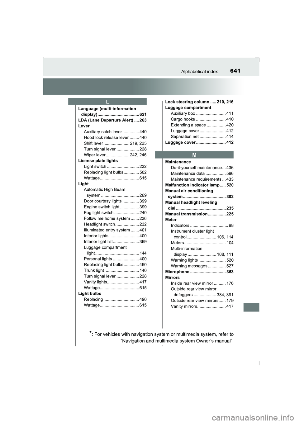 TOYOTA AVENSIS 2015  Owners Manual 641Alphabetical index
AVENSIS_OM_OM20C20E_(EE)
Language (multi-information display) ................................... 621
LDA (Lane Departure Alert) .... 263
Lever Auxiliary catch lever ............