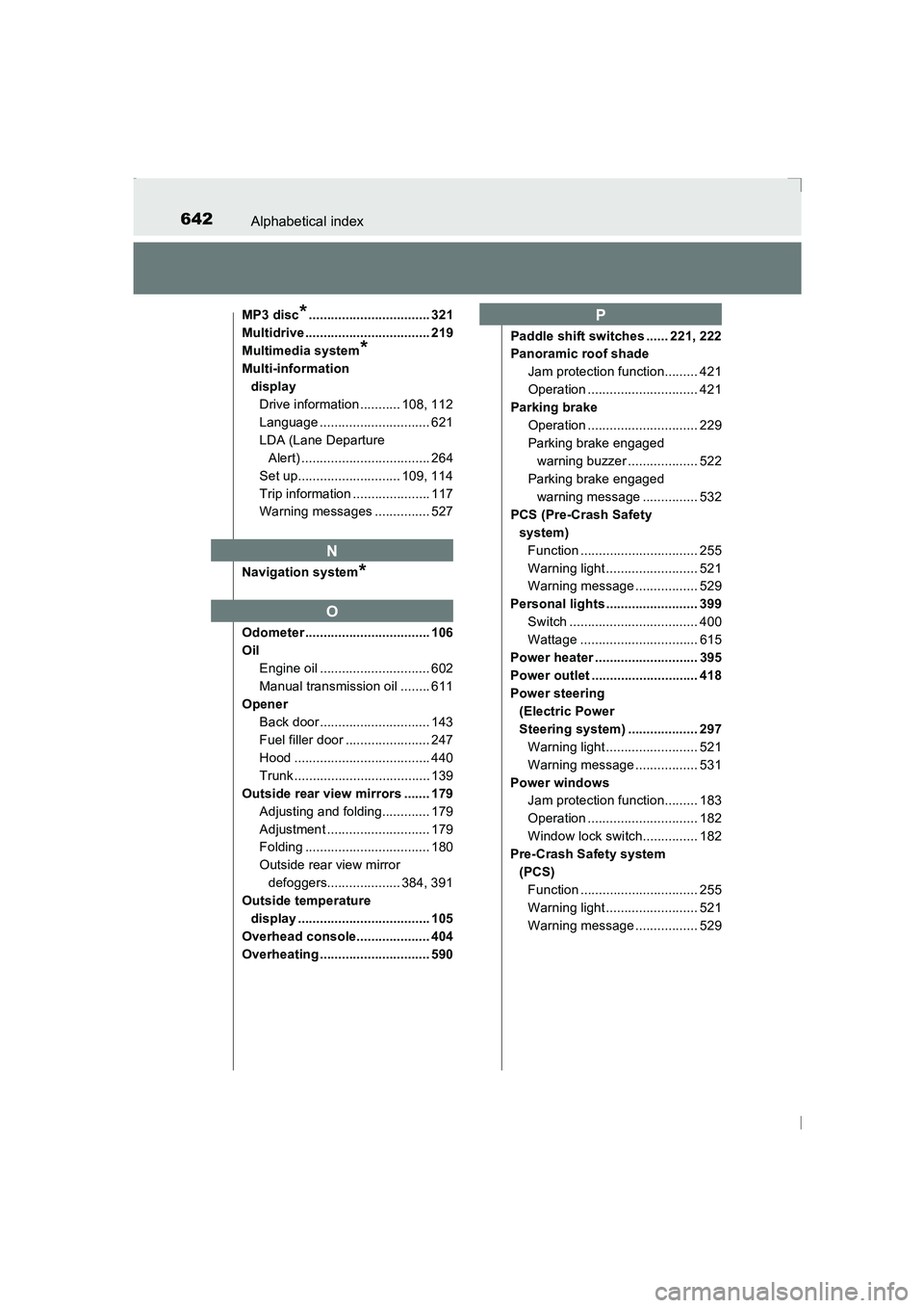 TOYOTA AVENSIS 2015 Owners Manual 642Alphabetical index
AVENSIS_OM_OM20C20E_(EE)
MP3 disc*................................. 321
Multidrive .................................. 219
Multimedia system
*
Multi-information display
Drive inf TOYOTA AVENSIS 2015 Owners Manual 642Alphabetical index
AVENSIS_OM_OM20C20E_(EE)
MP3 disc*................................. 321
Multidrive .................................. 219
Multimedia system
*
Multi-information display
Drive inf