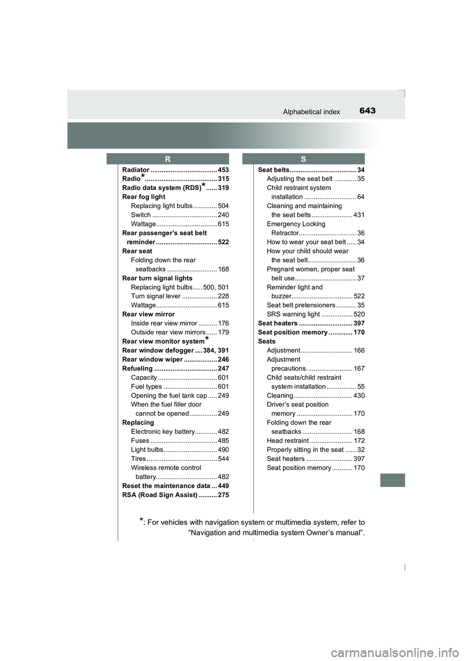 TOYOTA AVENSIS 2015 Owners Manual 643Alphabetical index
AVENSIS_OM_OM20C20E_(EE)
Radiator .................................... 453
Radio
*....................................... 315
Radio data system (RDS)
*...... 319
Rear fog light R TOYOTA AVENSIS 2015 Owners Manual 643Alphabetical index
AVENSIS_OM_OM20C20E_(EE)
Radiator .................................... 453
Radio
*....................................... 315
Radio data system (RDS)
*...... 319
Rear fog light R