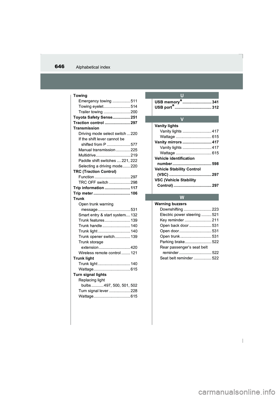 TOYOTA AVENSIS 2015 Owners Manual 646Alphabetical index
AVENSIS_OM_OM20C20E_(EE)
TowingEmergency towing ................ 511
Towing eyelet ........................ 514
Trailer towing ........................ 200
Toyota Safety Sense... TOYOTA AVENSIS 2015 Owners Manual 646Alphabetical index
AVENSIS_OM_OM20C20E_(EE)
TowingEmergency towing ................ 511
Towing eyelet ........................ 514
Trailer towing ........................ 200
Toyota Safety Sense...