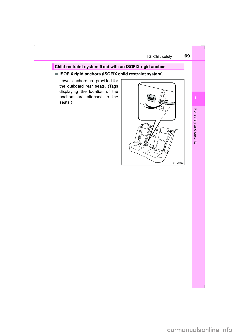 TOYOTA AVENSIS 2015 Repair Manual 691-2. Child safety
1
AVENSIS_OM_OM20C20E_(EE)
For safety and security
■ISOFIX rigid anchors (ISOFIX child restraint system)
Lower anchors are provided for
the outboard rear seats. (Tags
displaying TOYOTA AVENSIS 2015 Repair Manual 691-2. Child safety
1
AVENSIS_OM_OM20C20E_(EE)
For safety and security
■ISOFIX rigid anchors (ISOFIX child restraint system)
Lower anchors are provided for
the outboard rear seats. (Tags
displaying